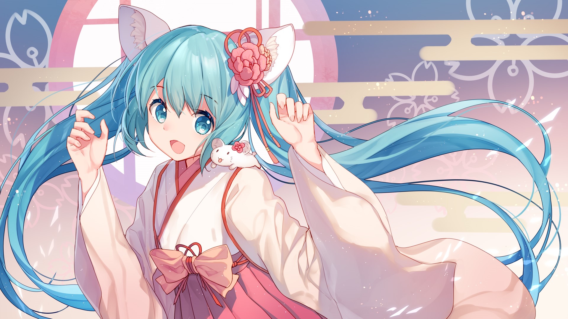 Anime girl with cat ears and kimono holding a mouse HD Wallpaper