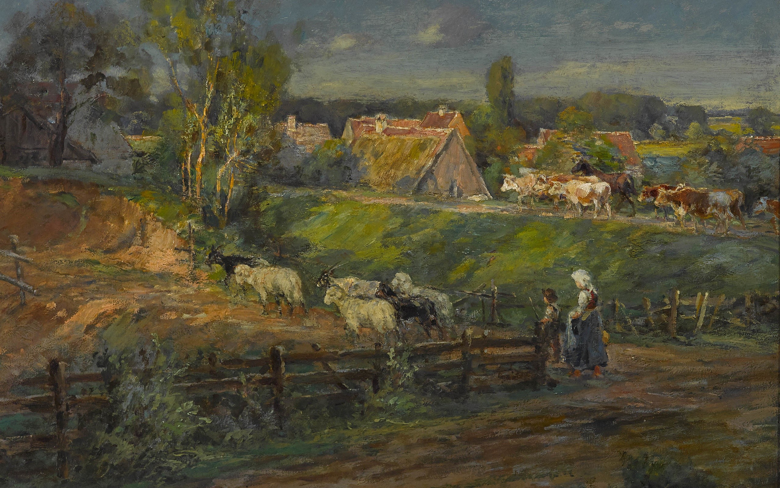Karl Stuhlmüller painting of a rural village with livestock and people HD Wallpaper