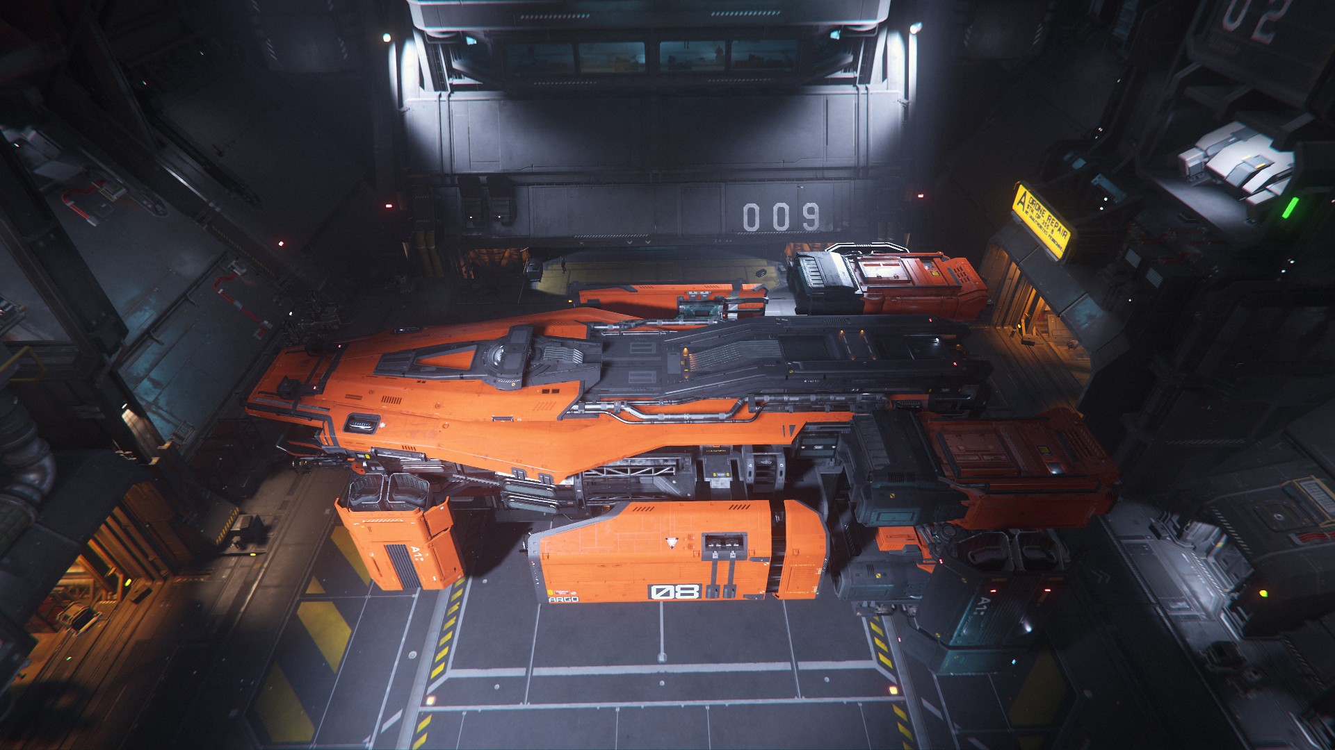 Orange mining ship in Star Citizen hangar HD Wallpaper