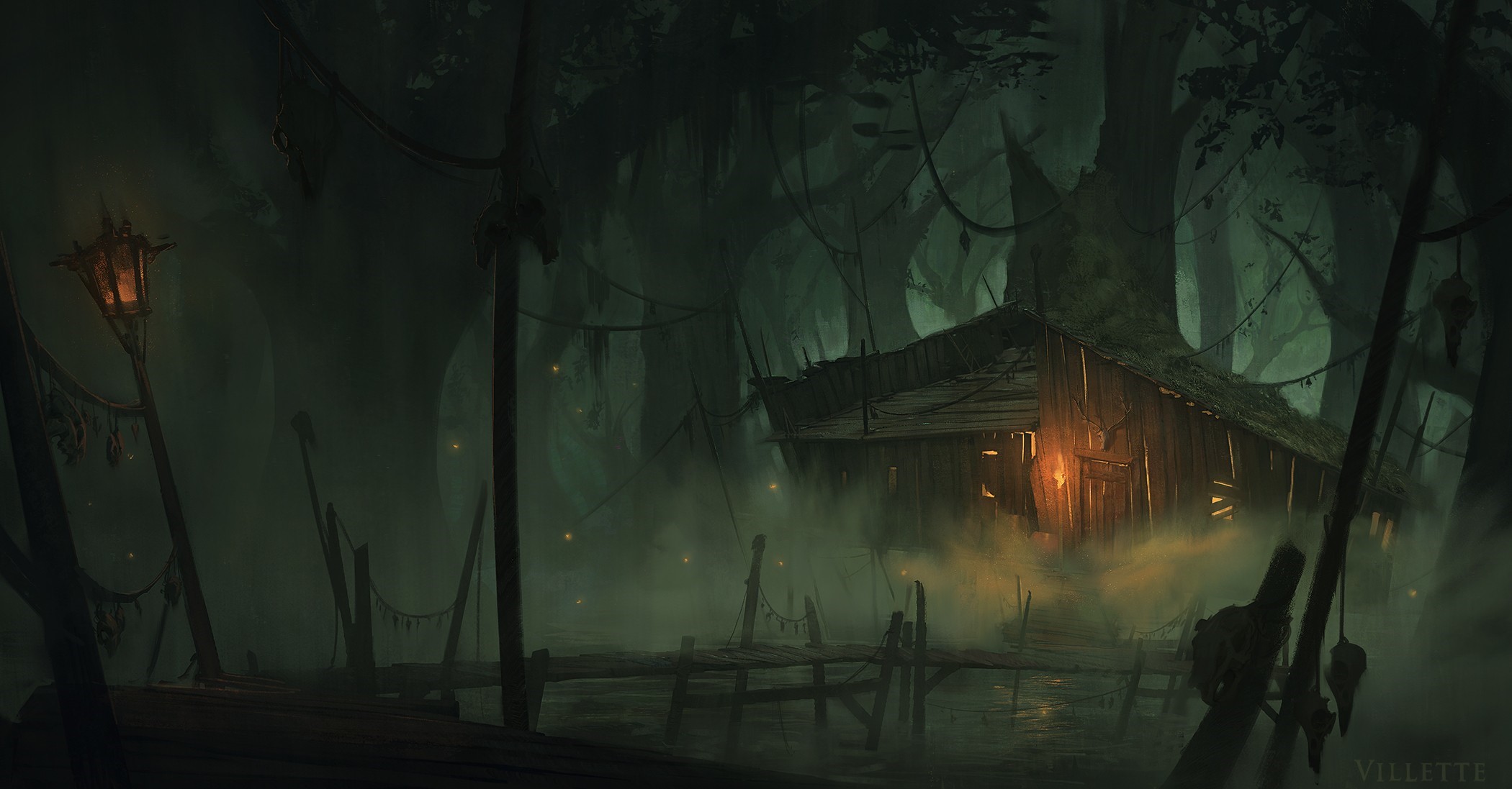 Fantasy swamp with wooden hut and lantern HD Wallpaper