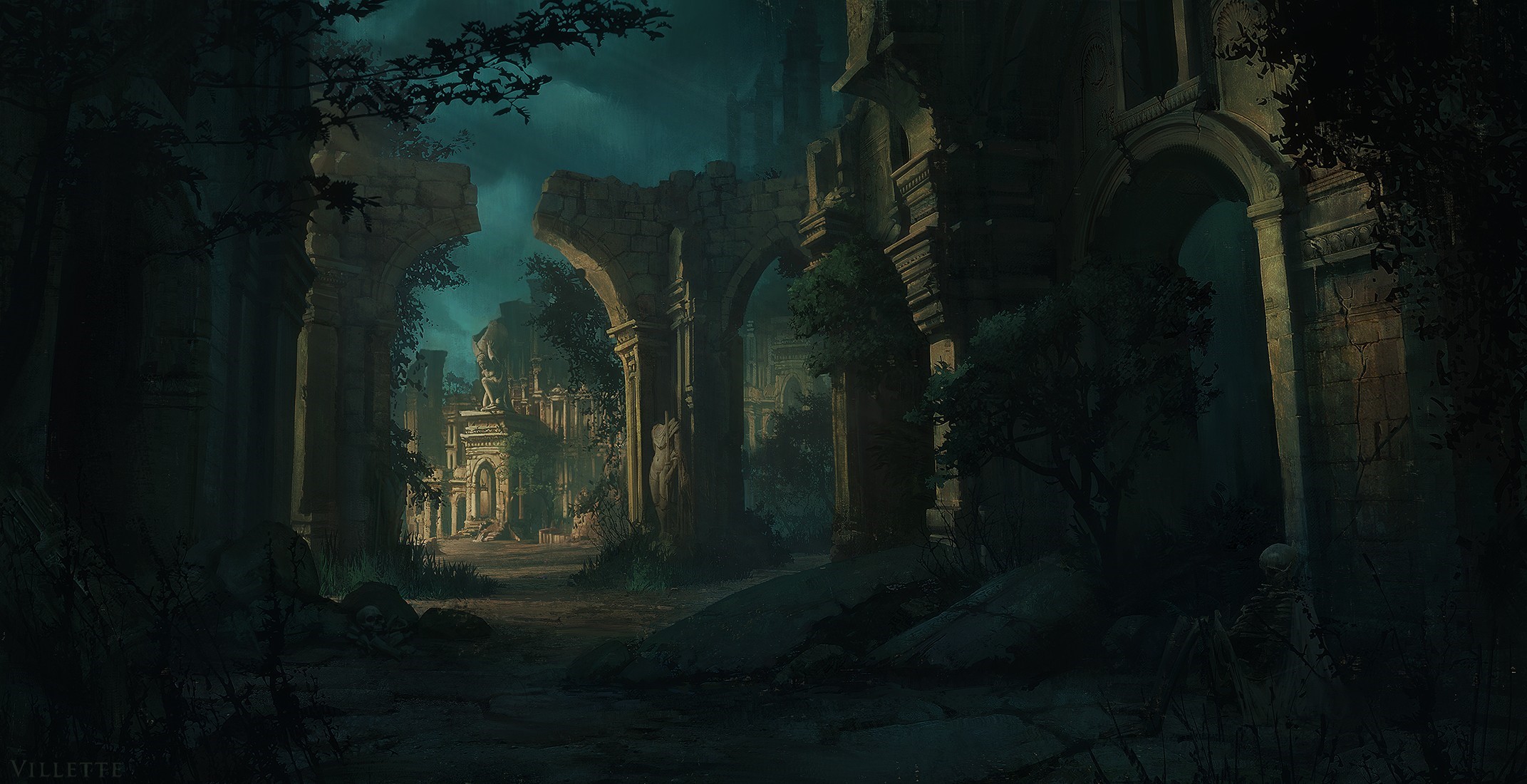 Ancient ruins with arches and statues in a dark fantasy setting HD Wallpaper