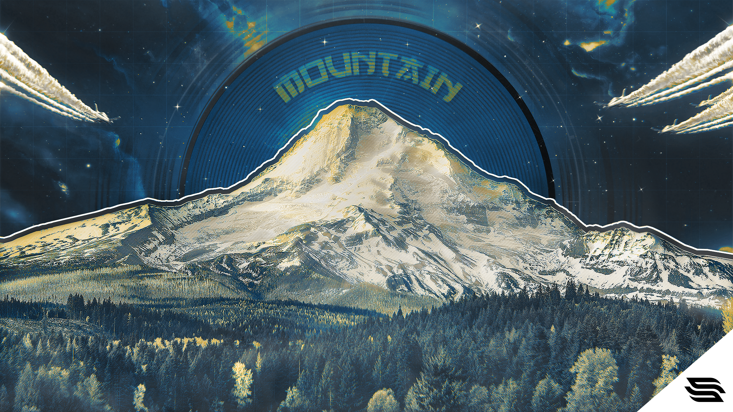 Mountain artwork with vinyl record and space elements HD Wallpaper