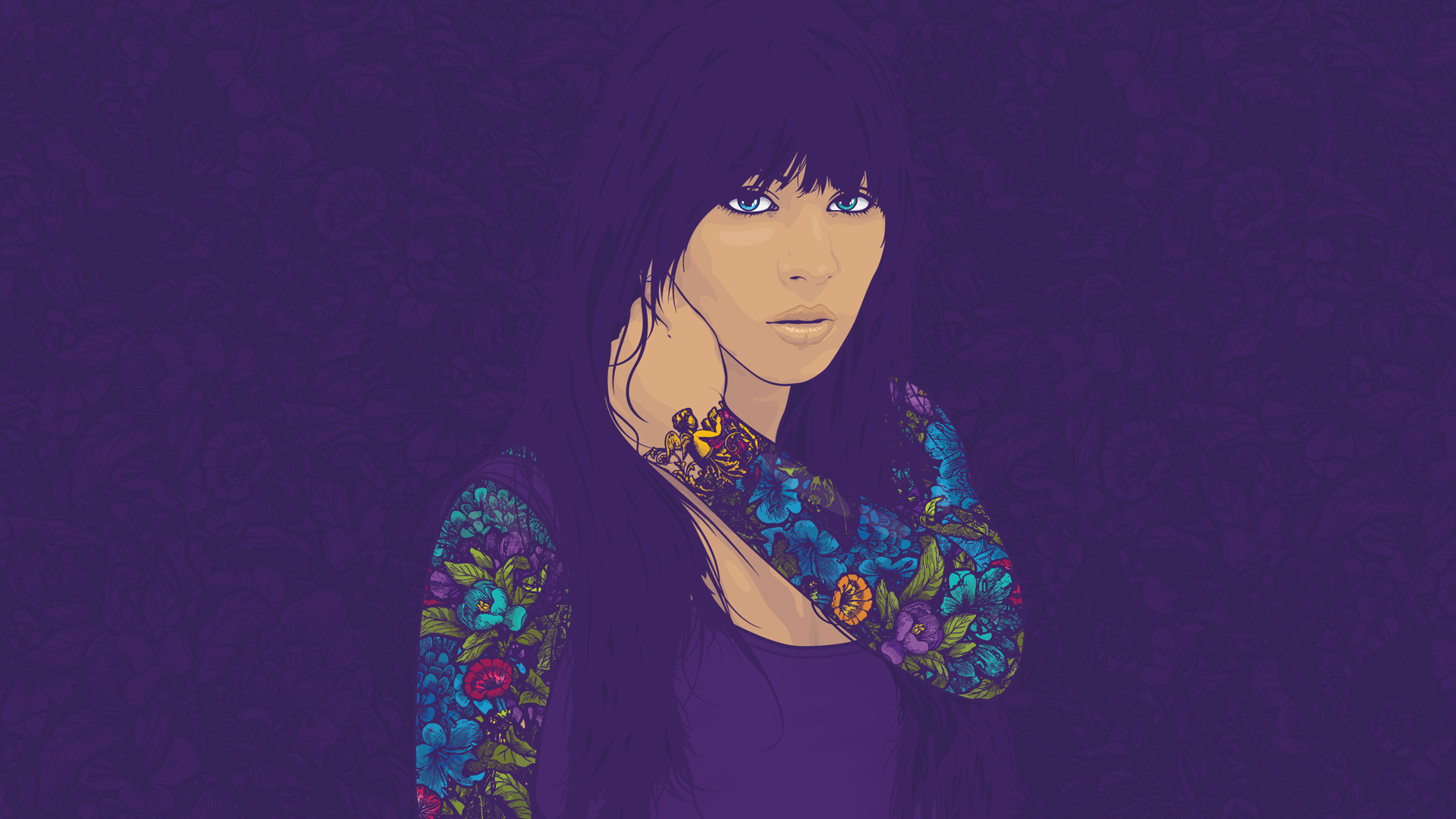 Woman with floral tattoos on purple background HD Wallpaper