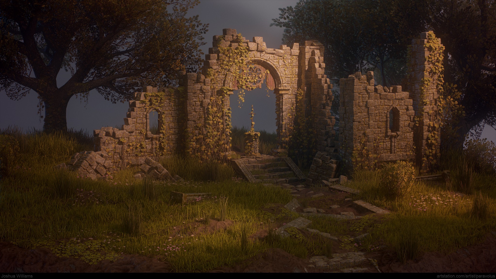 Ancient stone ruins overgrown with ivy in a forest HD Wallpaper
