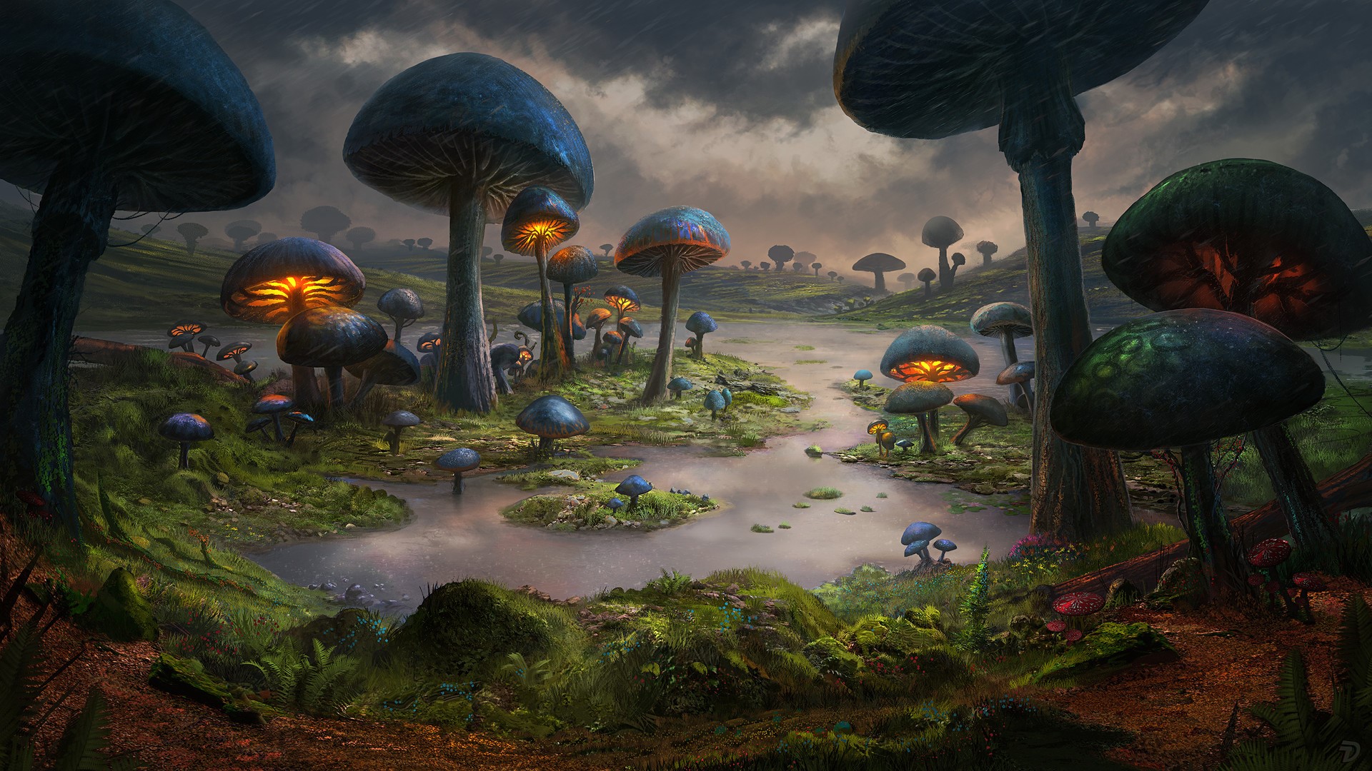 Giant glowing mushrooms in a rainy swamp landscape HD Wallpaper