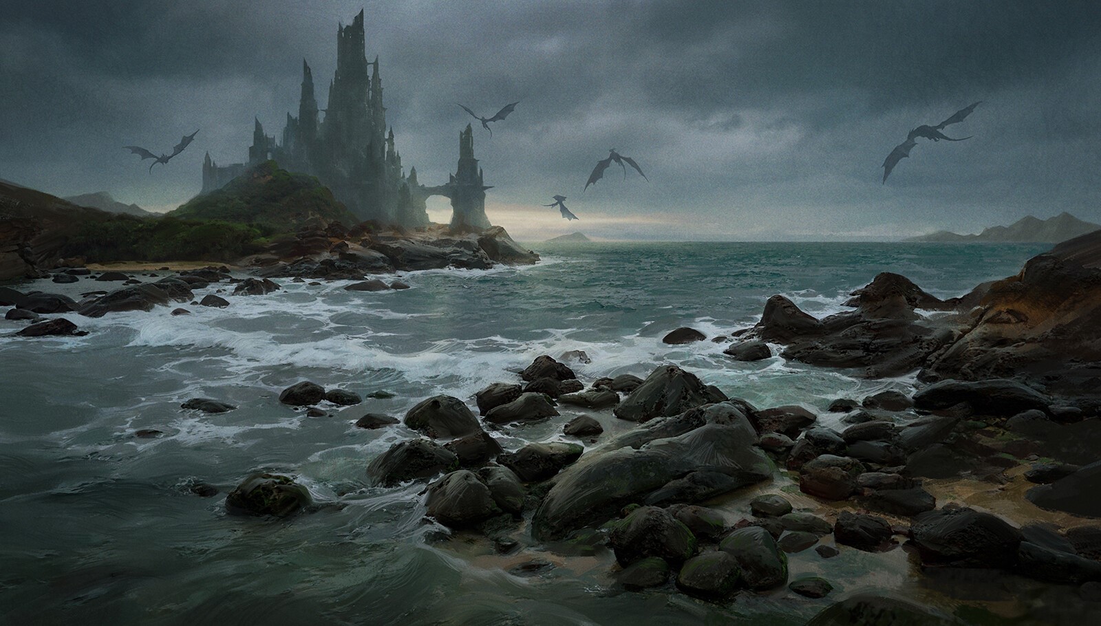 Fantasy art of a castle and dragons by the sea HD Wallpaper