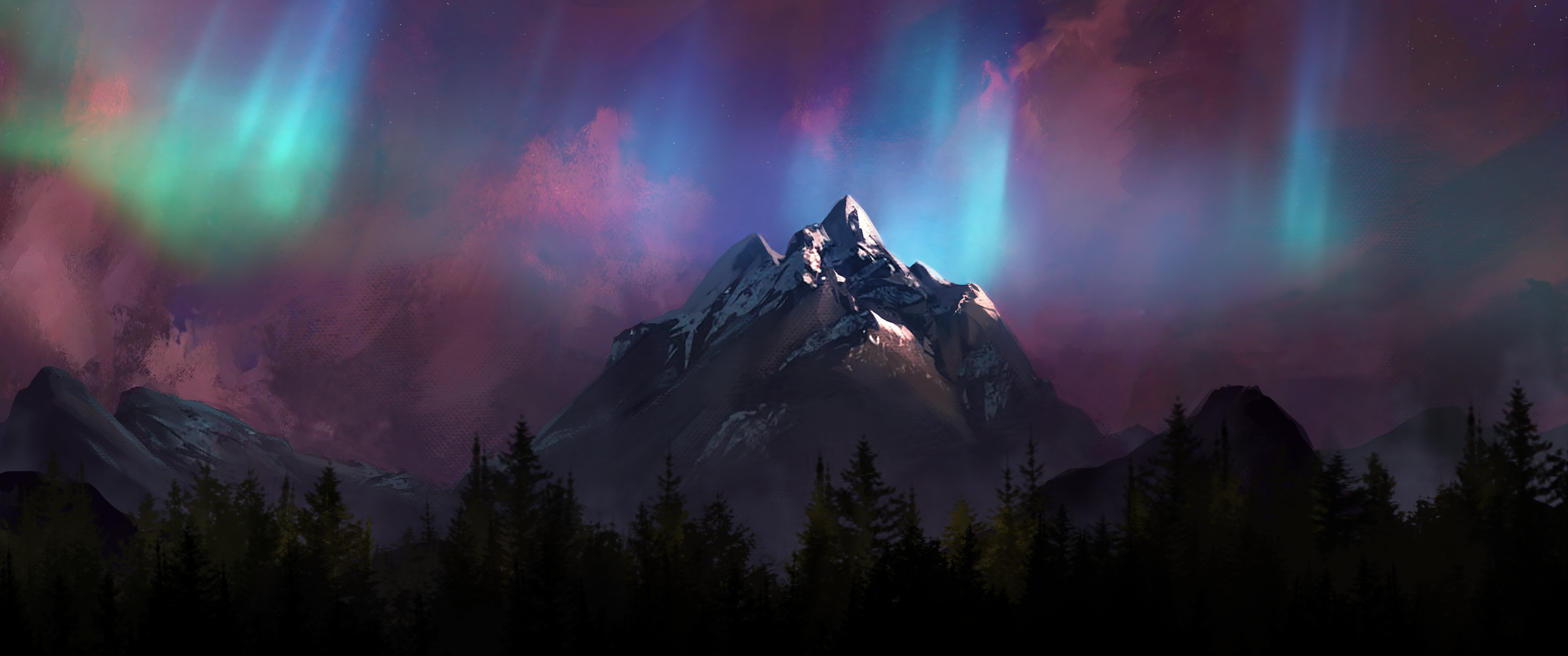 Digital painting of mountains under aurorae HD Wallpaper