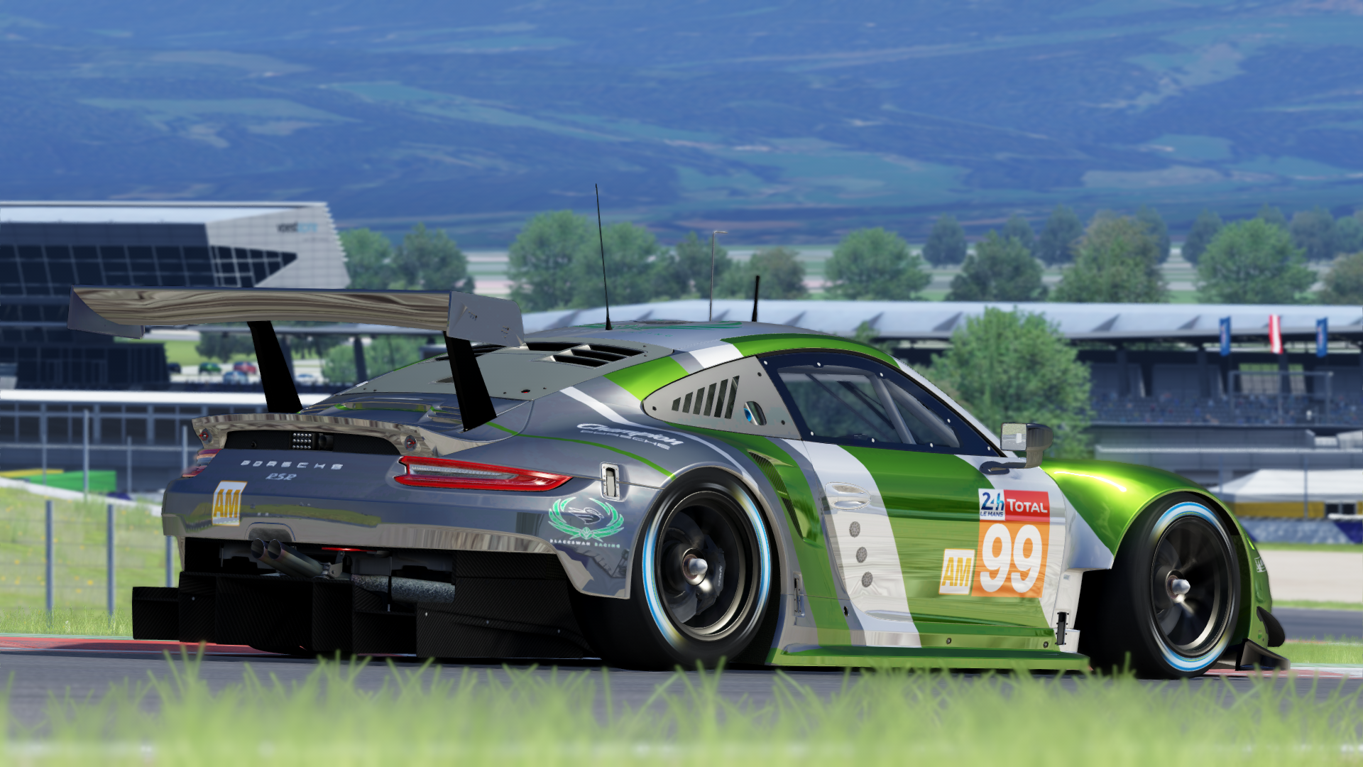 Porsche 911 RSR race car with green and silver livery HD Wallpaper