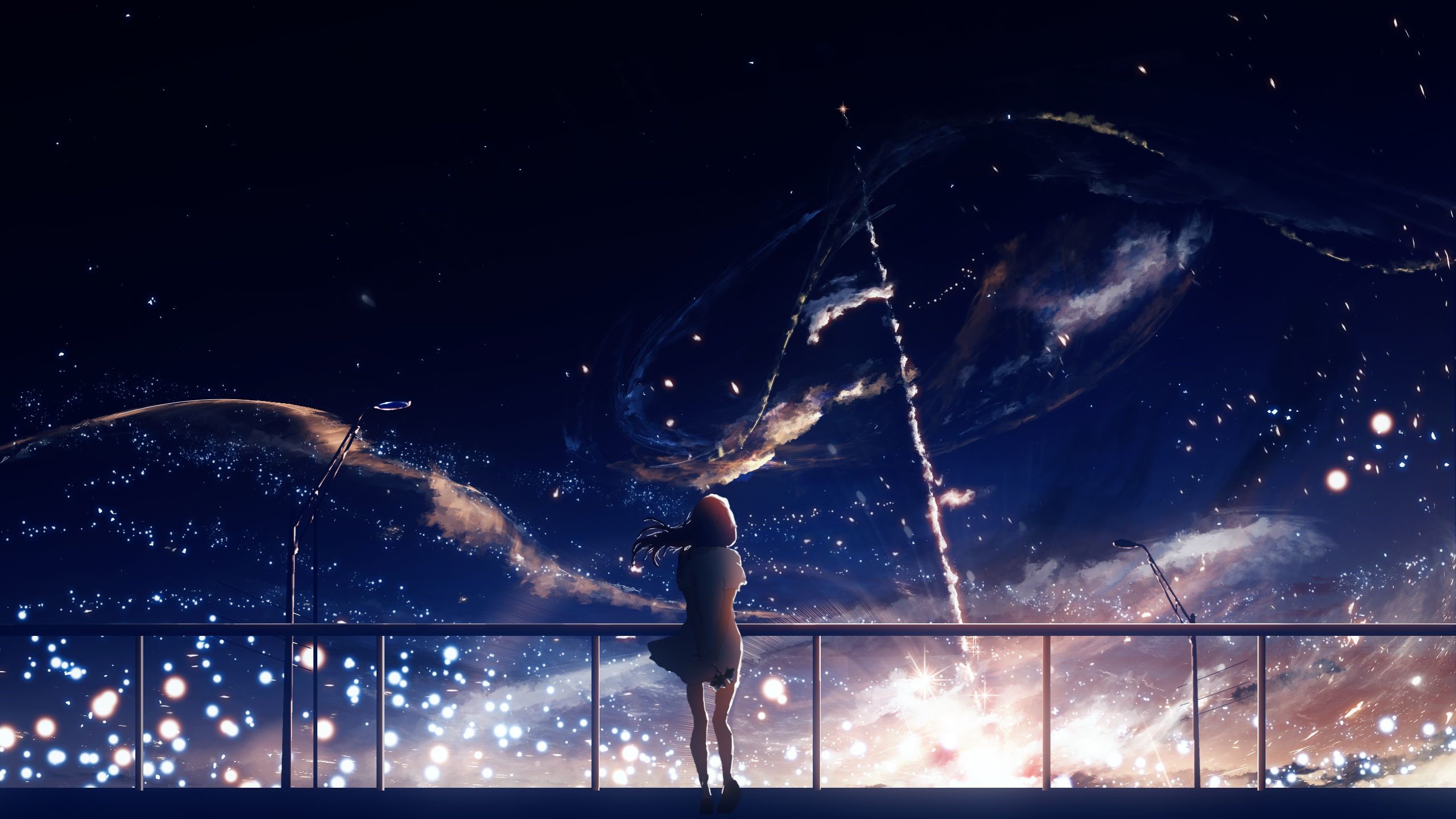 Girl watching fireworks in the night sky HD Wallpaper