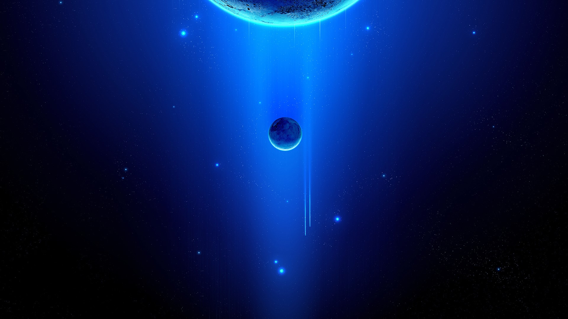 Blue planet emitting light in dark space with stars HD Wallpaper