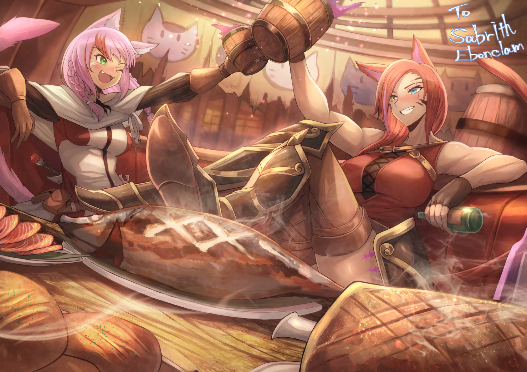 Two cat-eared women toasting with mugs of ale HD Wallpaper