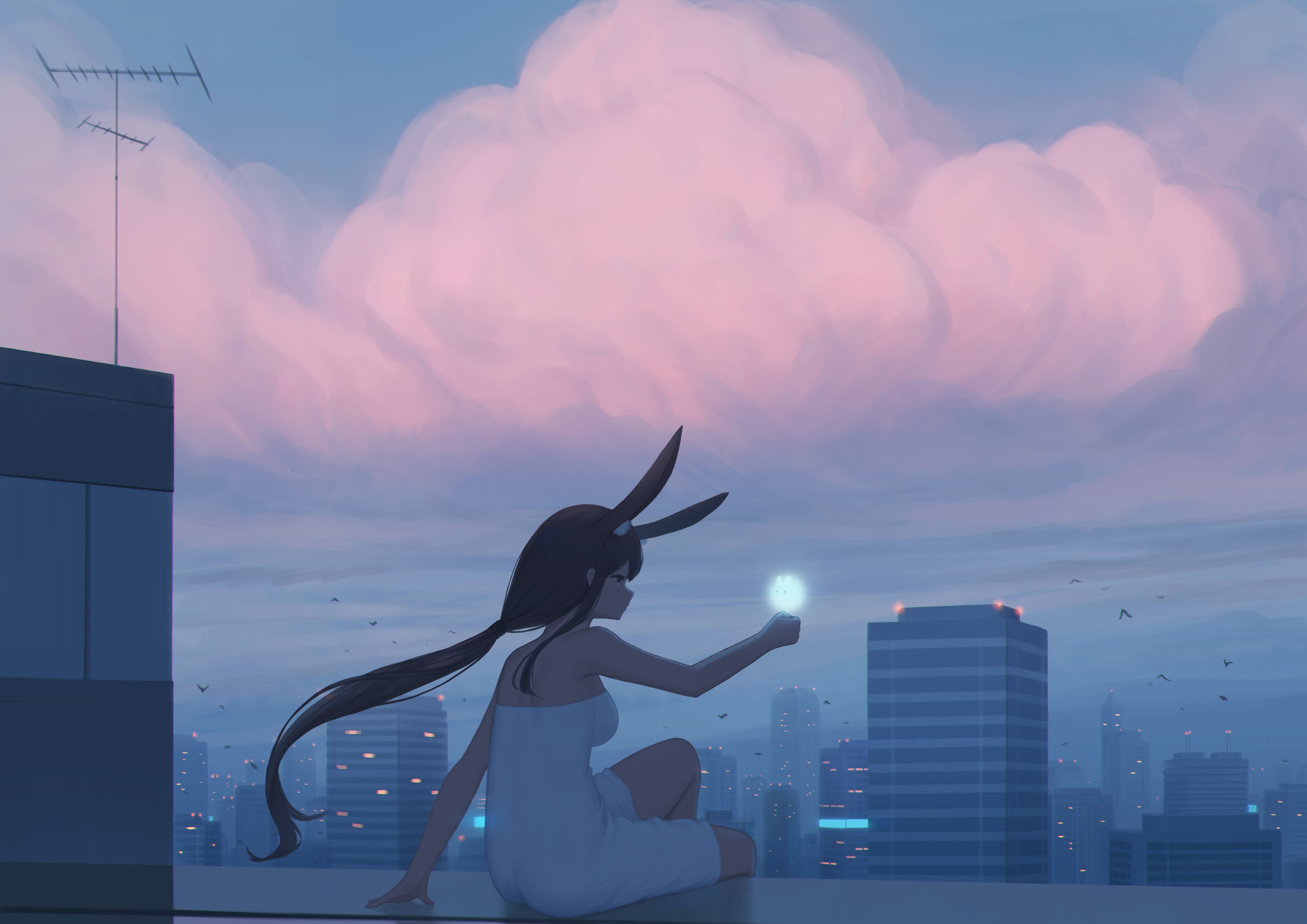 Anime girl with bunny ears on a rooftop at sunset HD Wallpaper