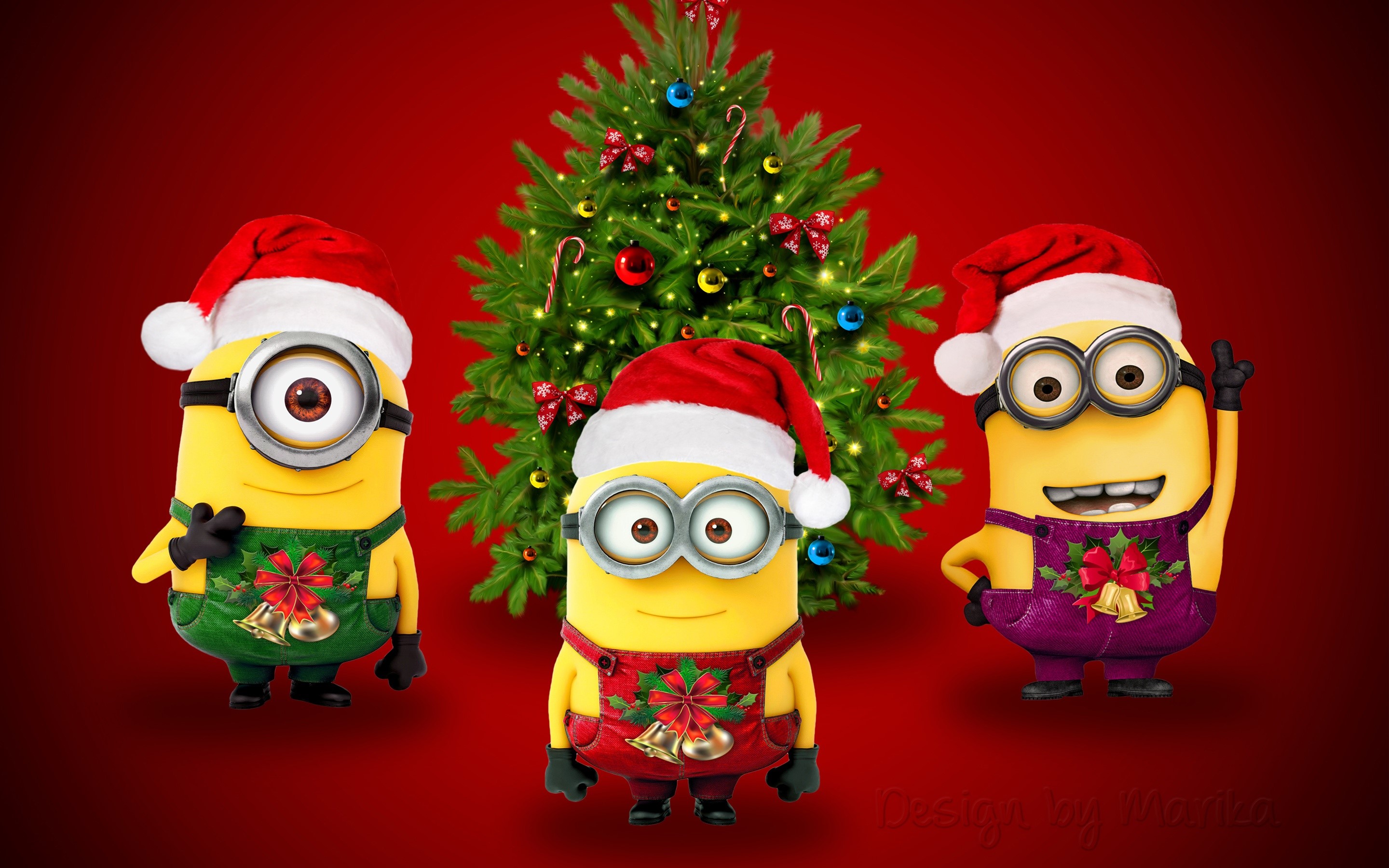 Minions wearing Santa hats and Christmas outfits HD Wallpaper