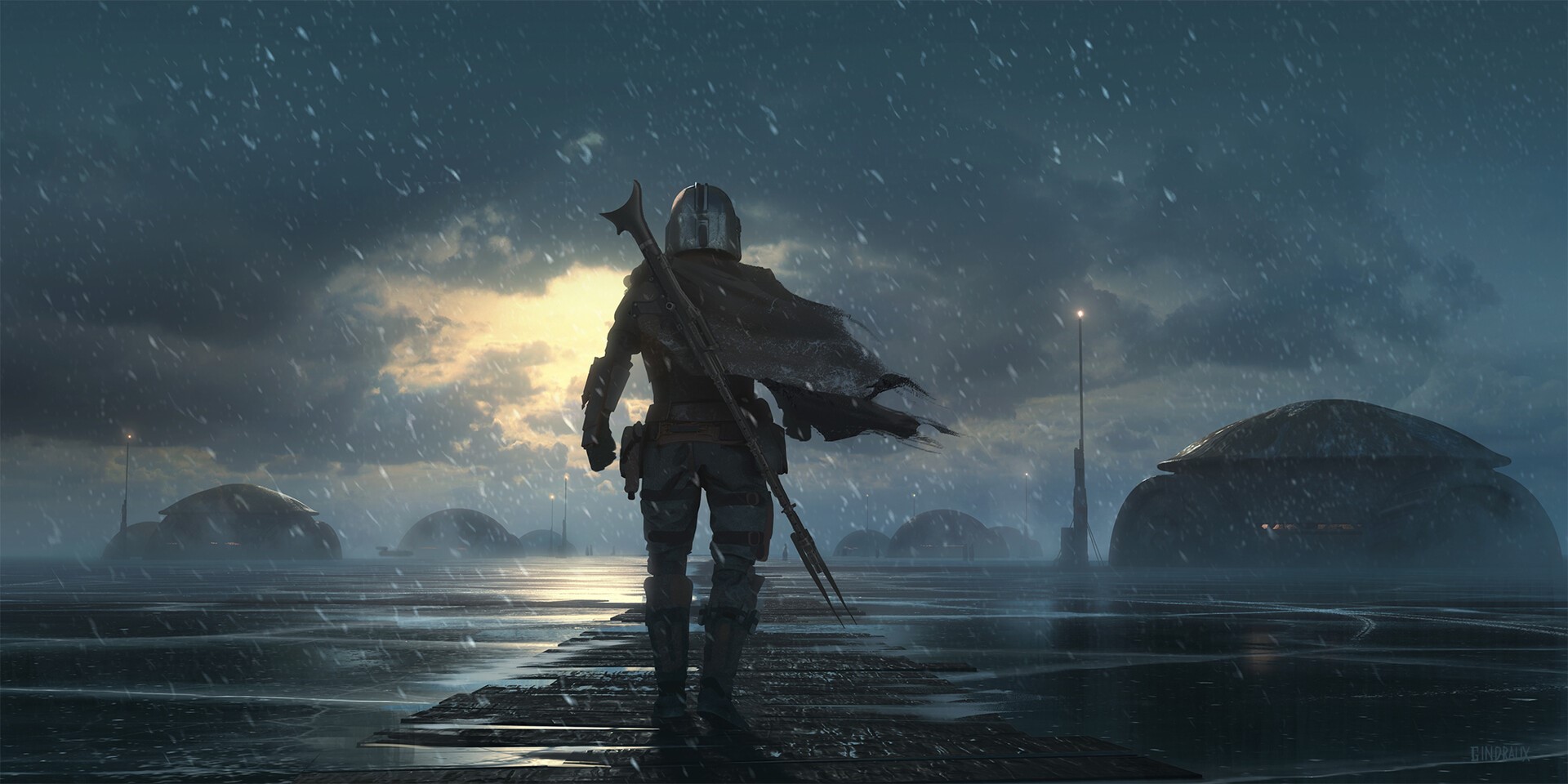 The Mandalorian in a snowy landscape HD Wallpaper