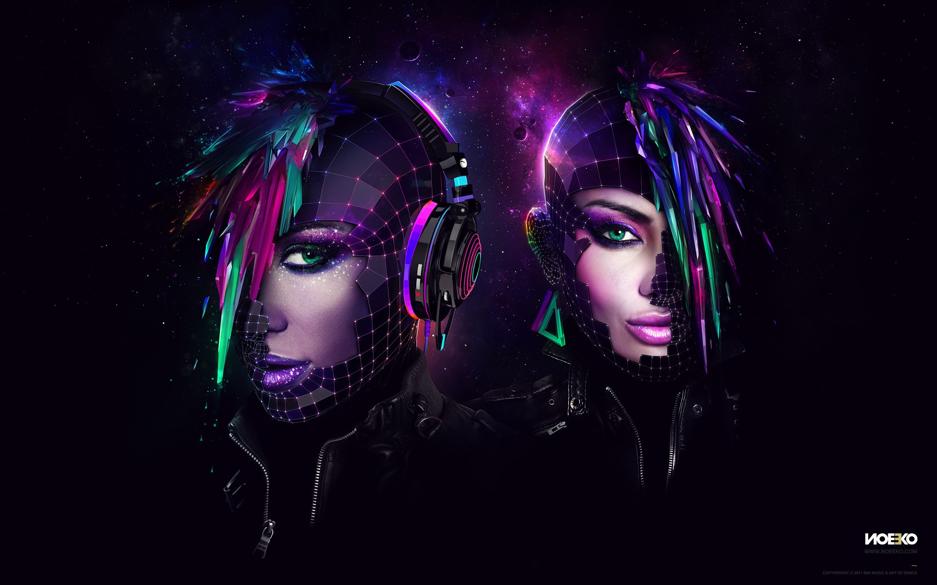 Two futuristic women with geometric faces and colorful hair HD Wallpaper
