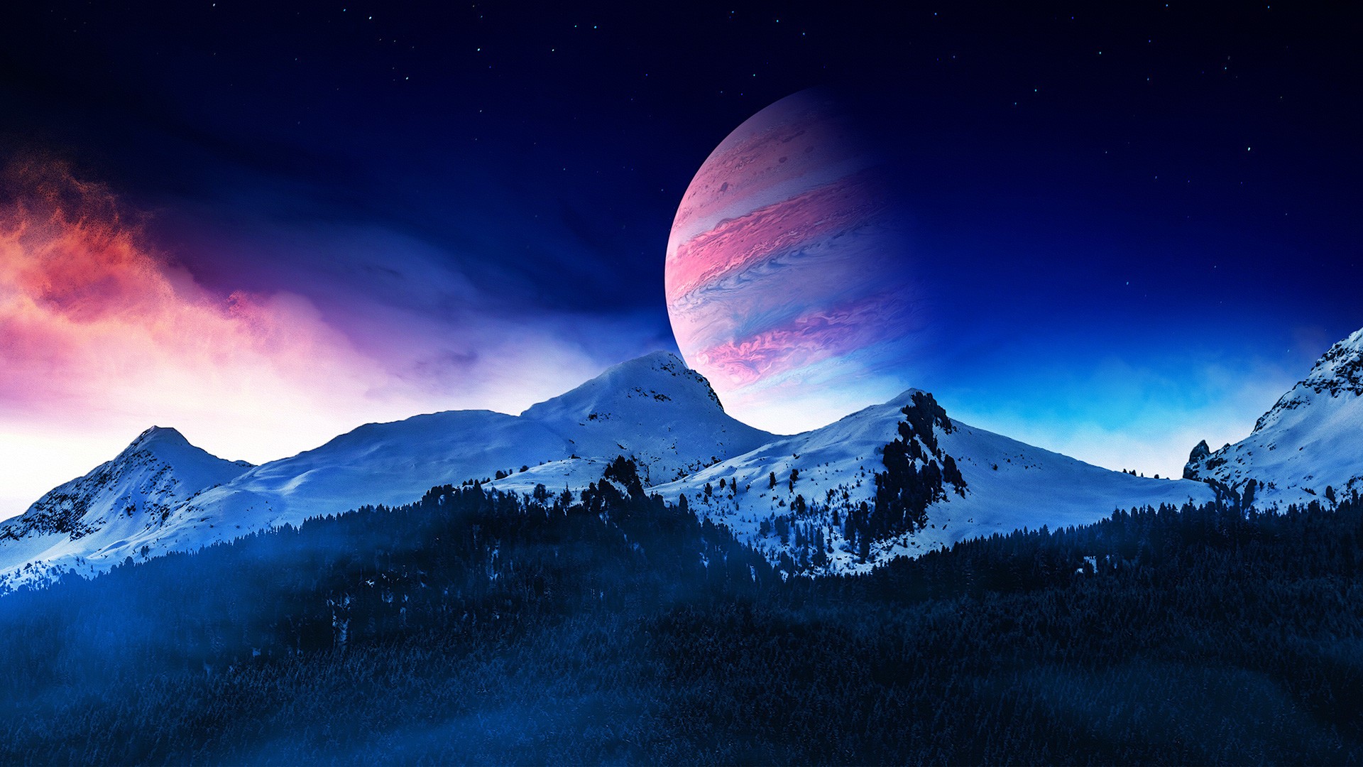 Snowy mountains under a starry sky with a large planet HD Wallpaper
