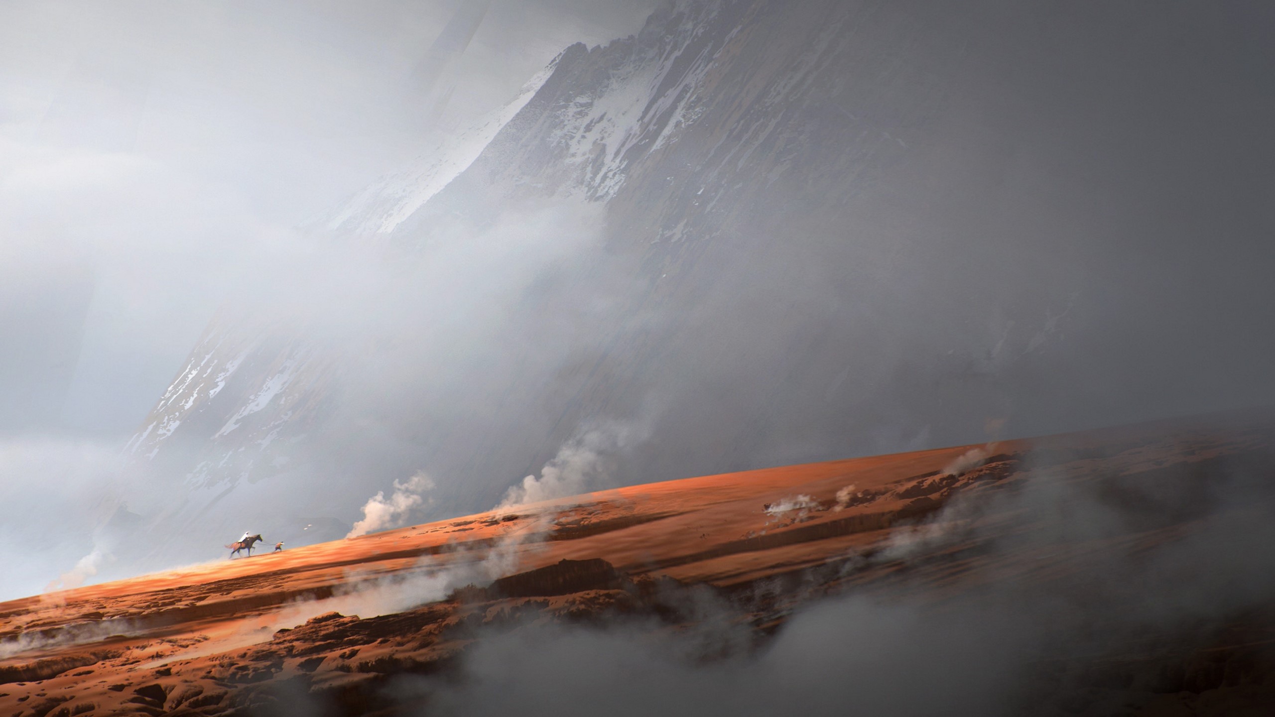 Digital art of a horseman in misty mountains HD Wallpaper