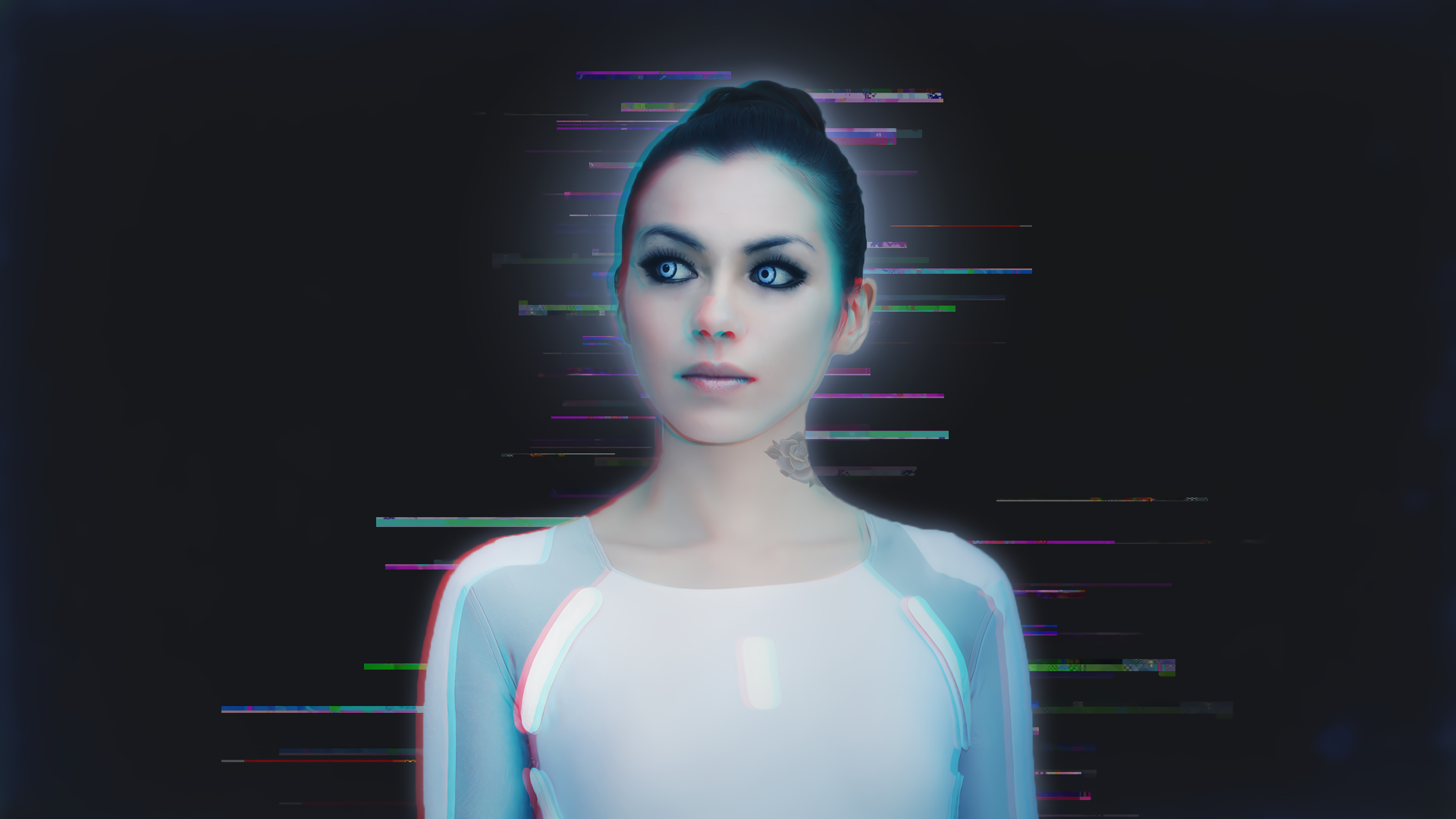 Woman in Tron-inspired outfit with glitch effects HD Wallpaper