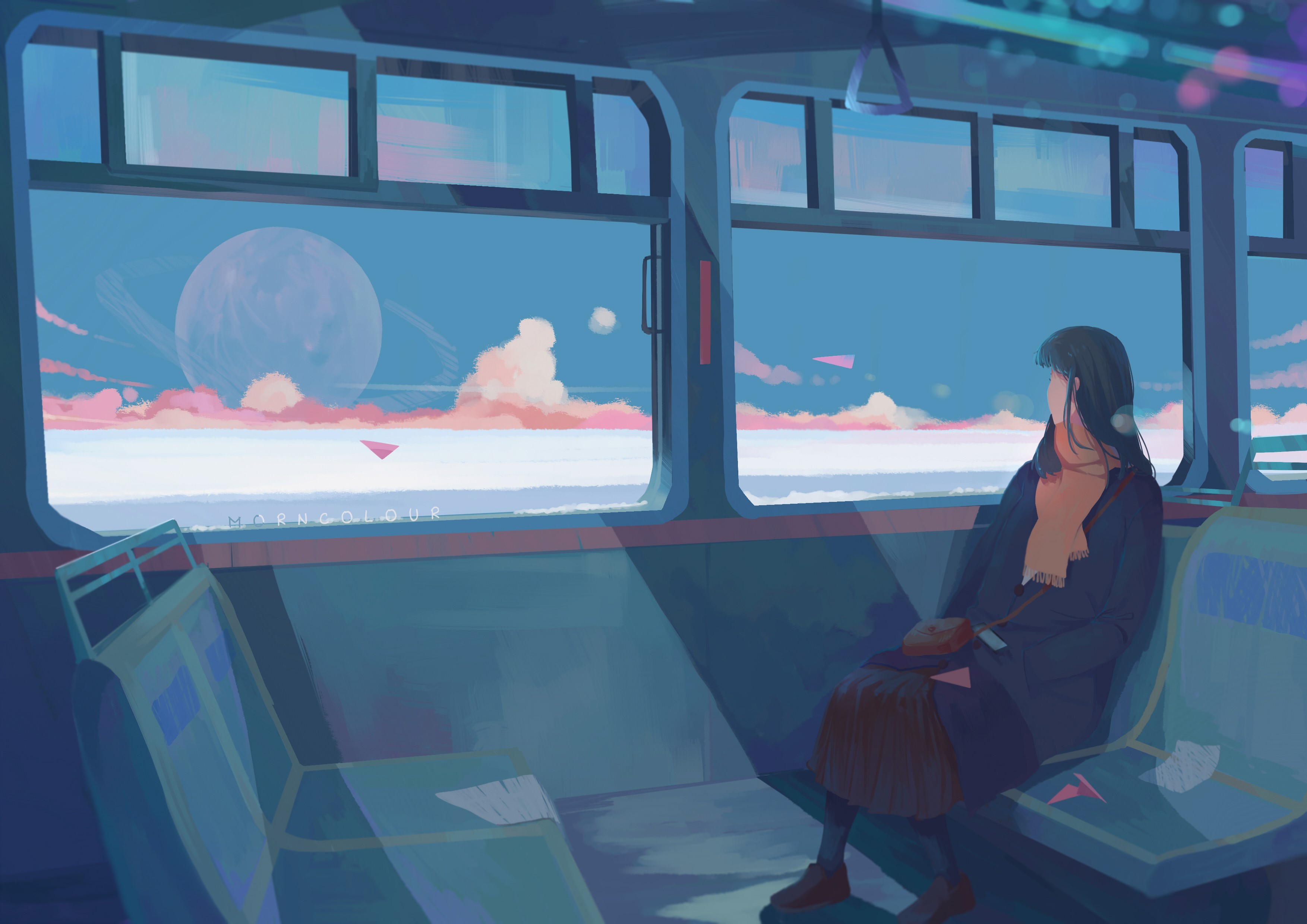 Woman traveling on a train looking out the window HD Wallpaper