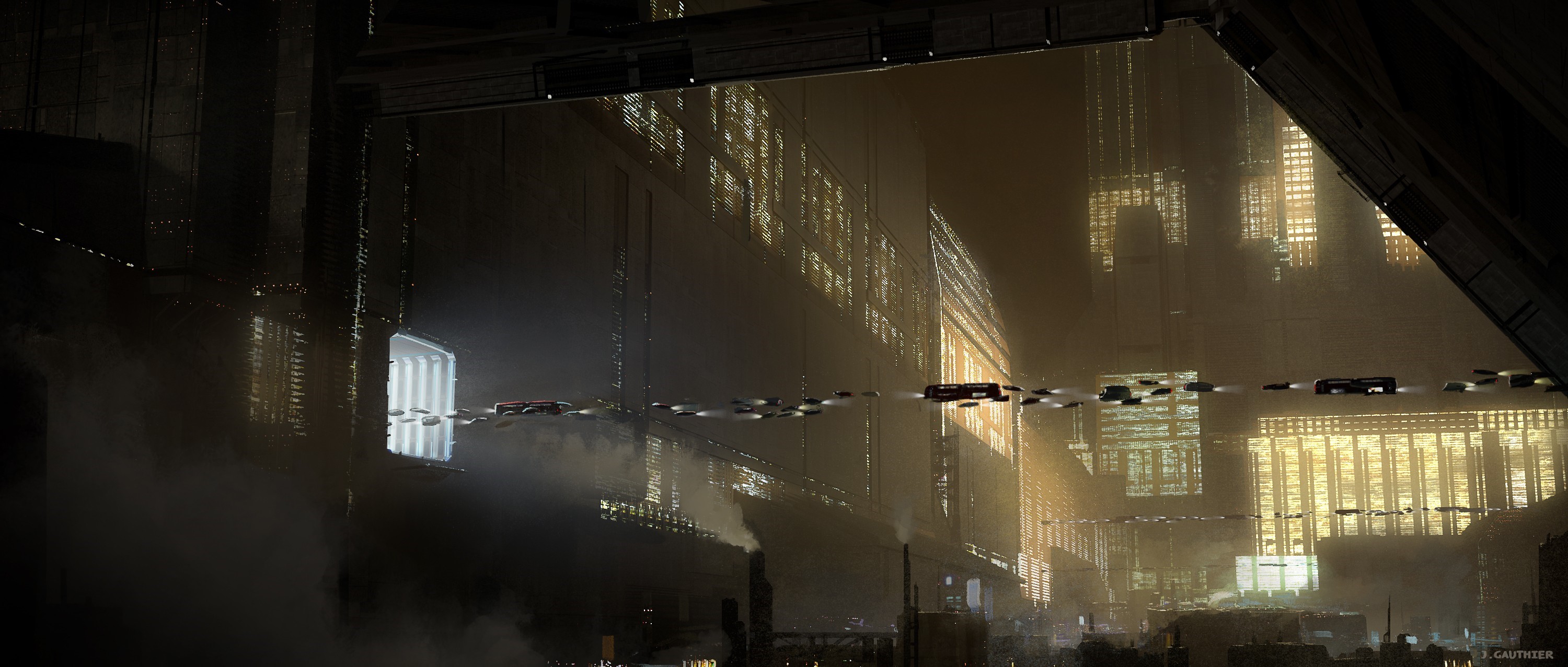 Futuristic city concept art with flying vehicles HD Wallpaper