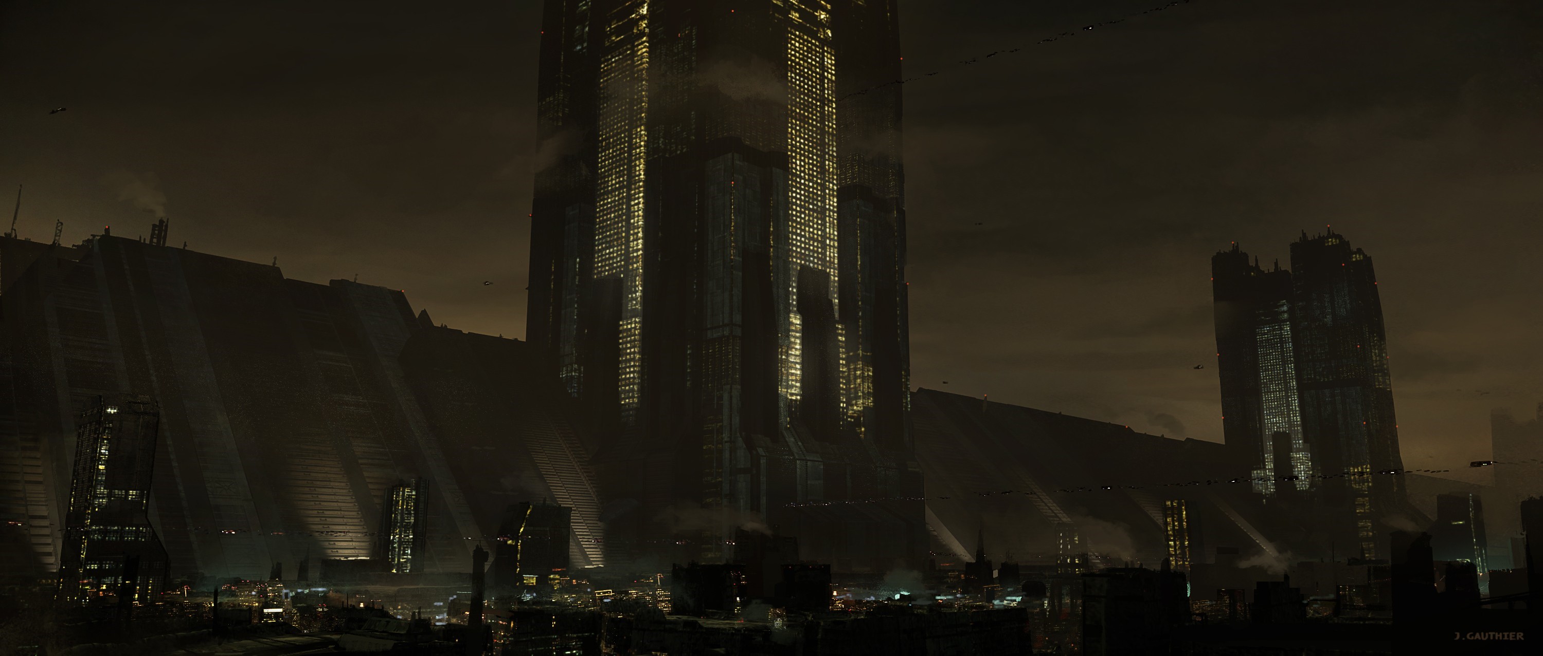 Futuristic dystopian city skyline at night HD Wallpaper
