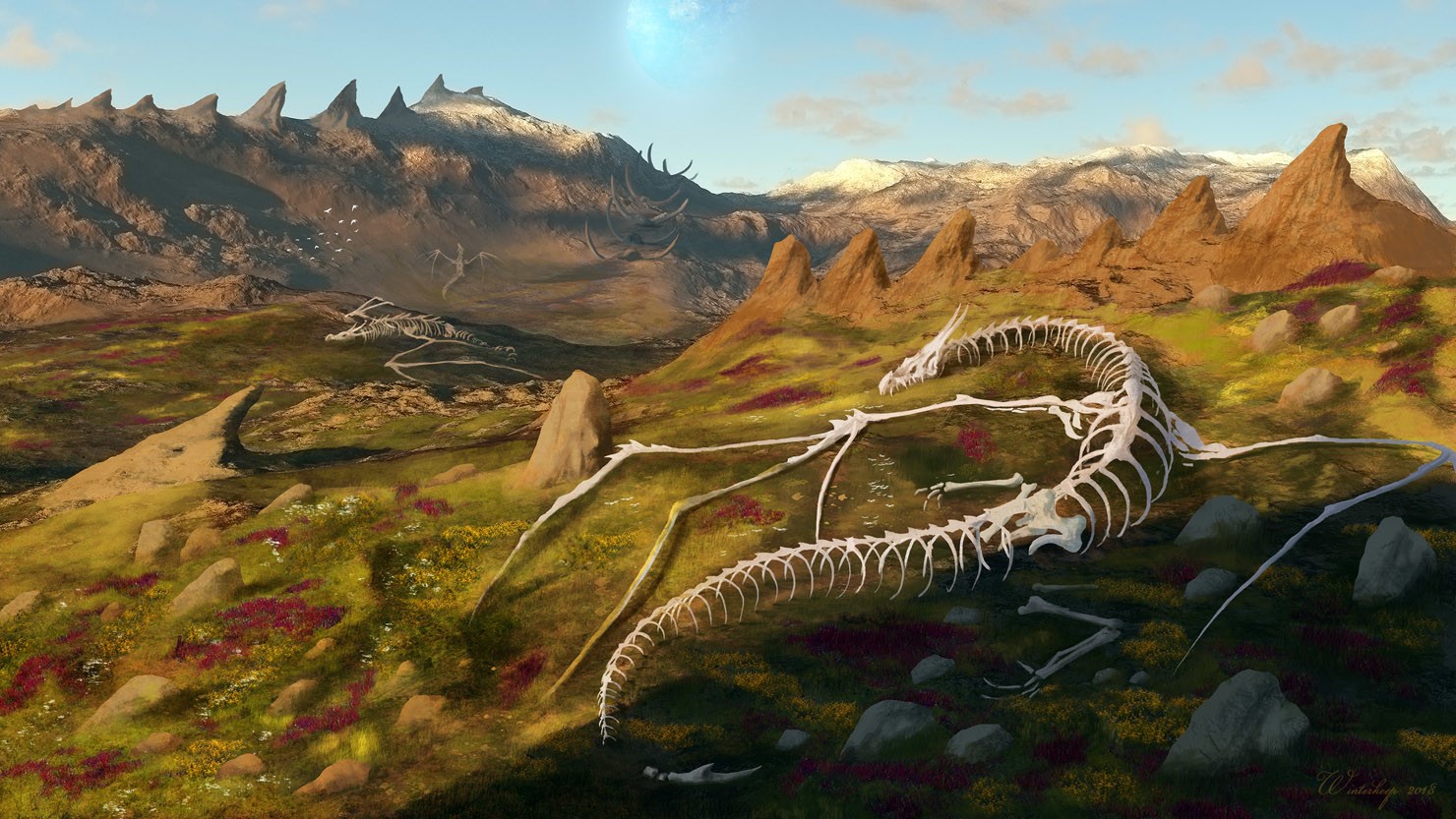 Dragon skeletons in a mountainous landscape HD Wallpaper
