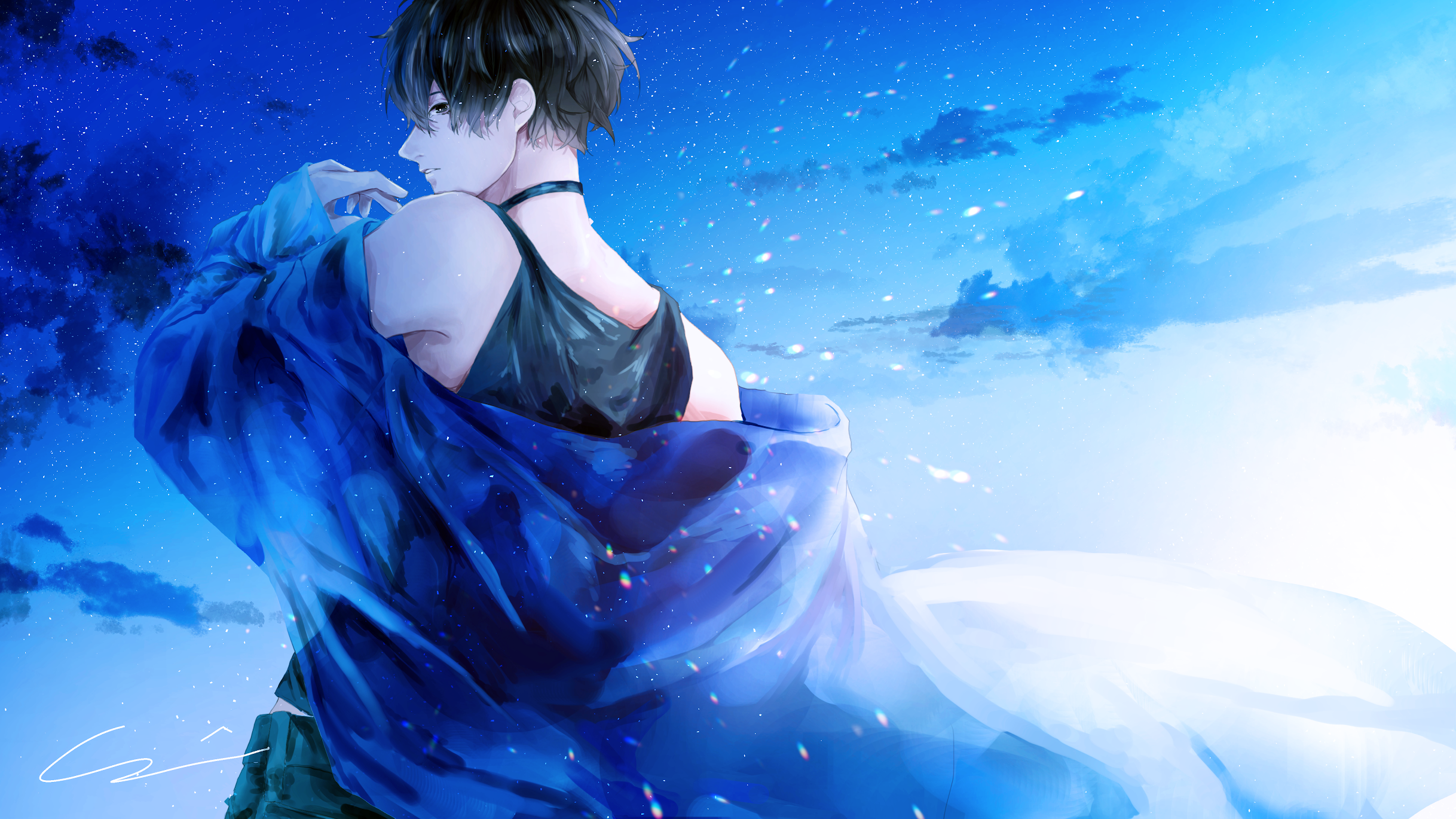 Anime boy with blue cloak under starry sky HD Wallpaper