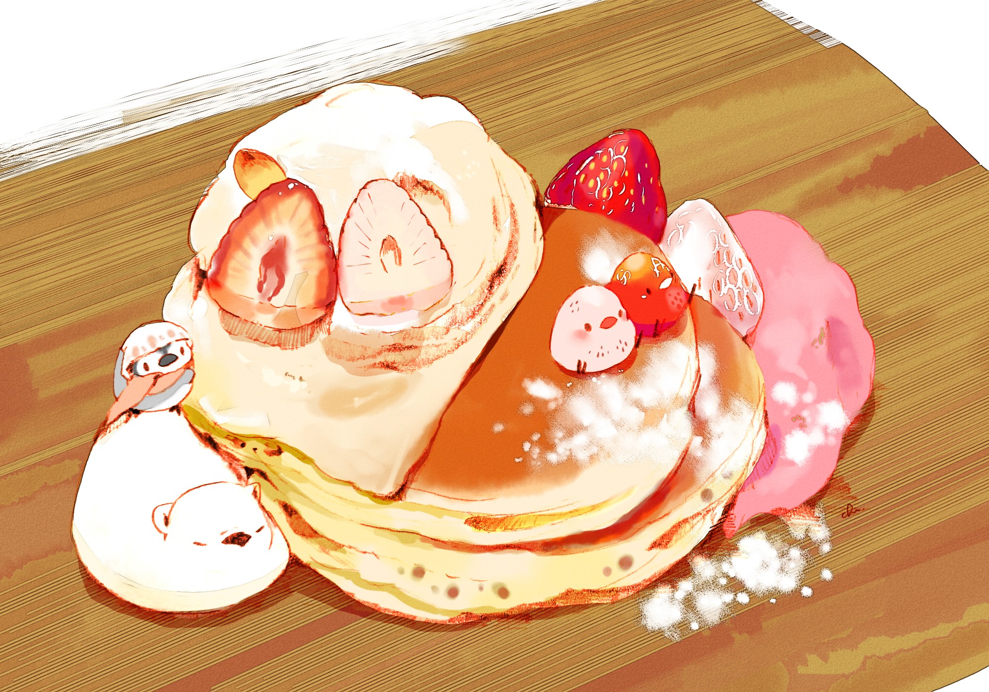 Anime-style illustration of pancakes with strawberries and cream HD Wallpaper