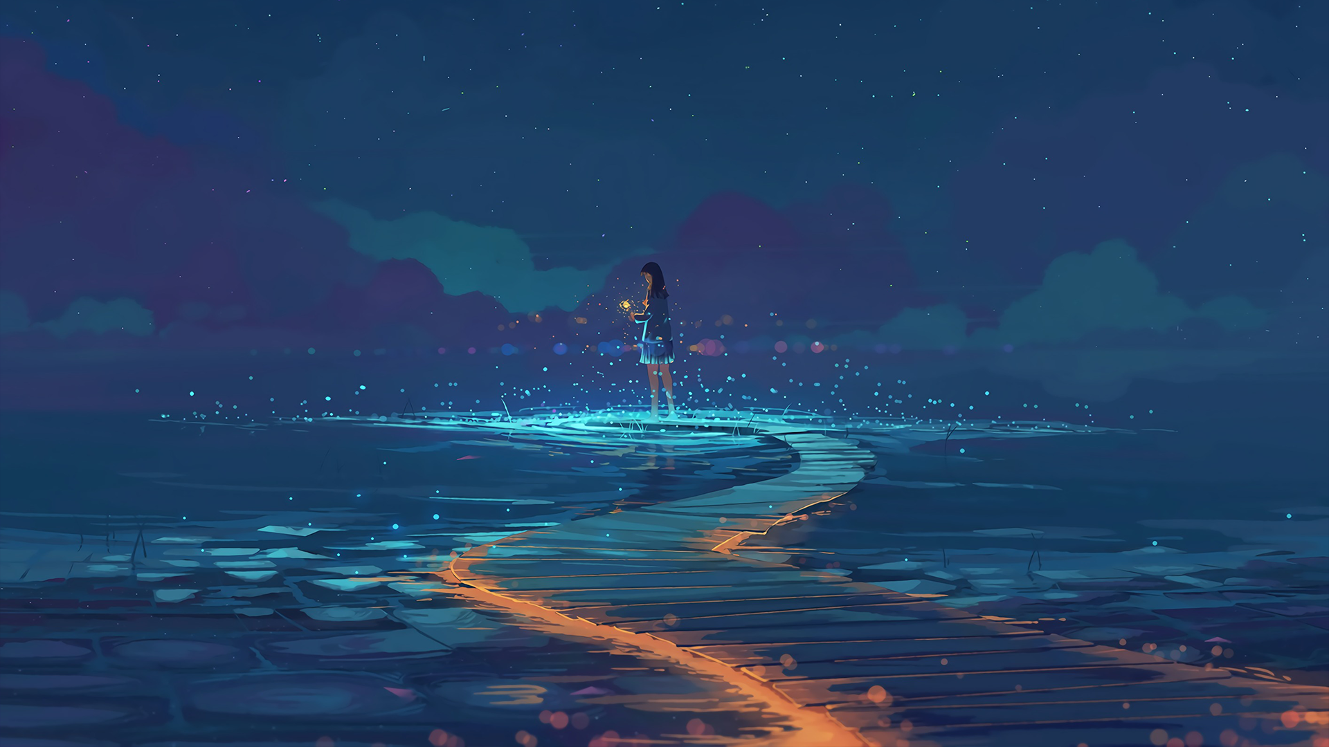 Anime girl on a glowing path at night HD Wallpaper
