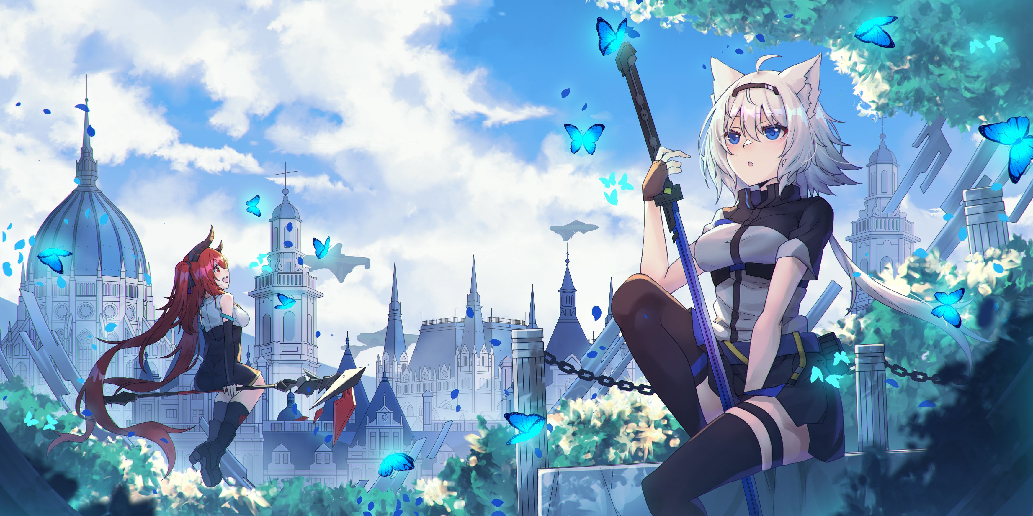 Two anime girls with animal ears in a fantasy city HD Wallpaper