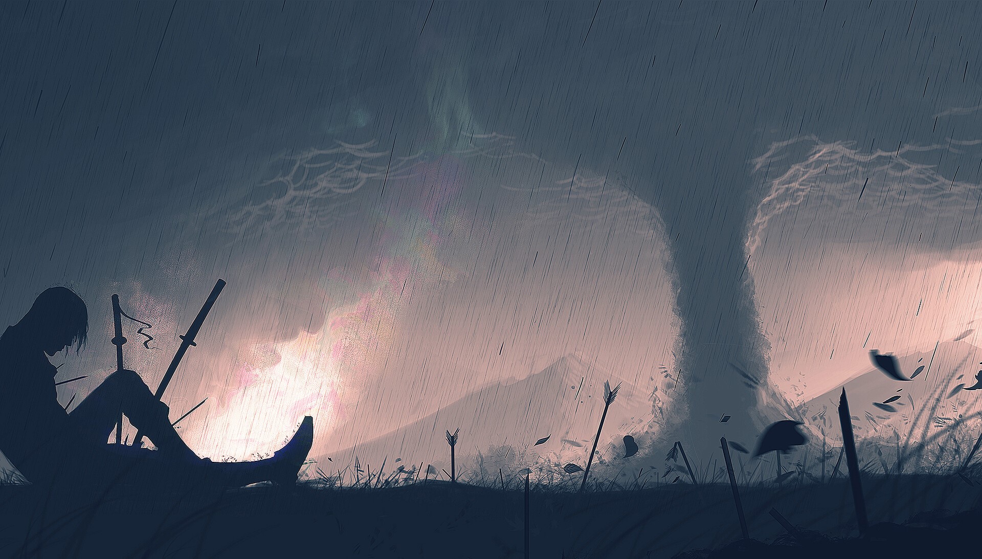 Silhouette of a person with swords in a tornado HD Wallpaper