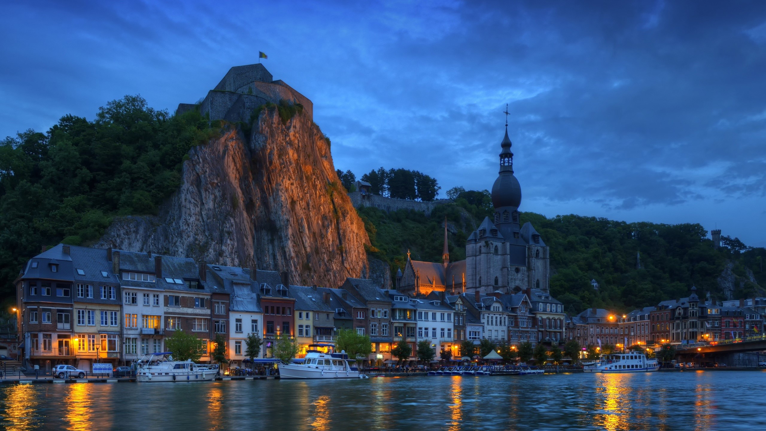 Dinant Citadel and Collegiate Church at dusk HD Wallpaper