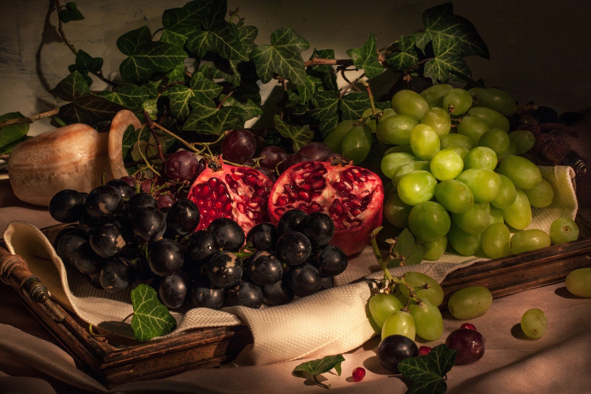 Still life with grapes, pomegranate, and ivy HD Wallpaper