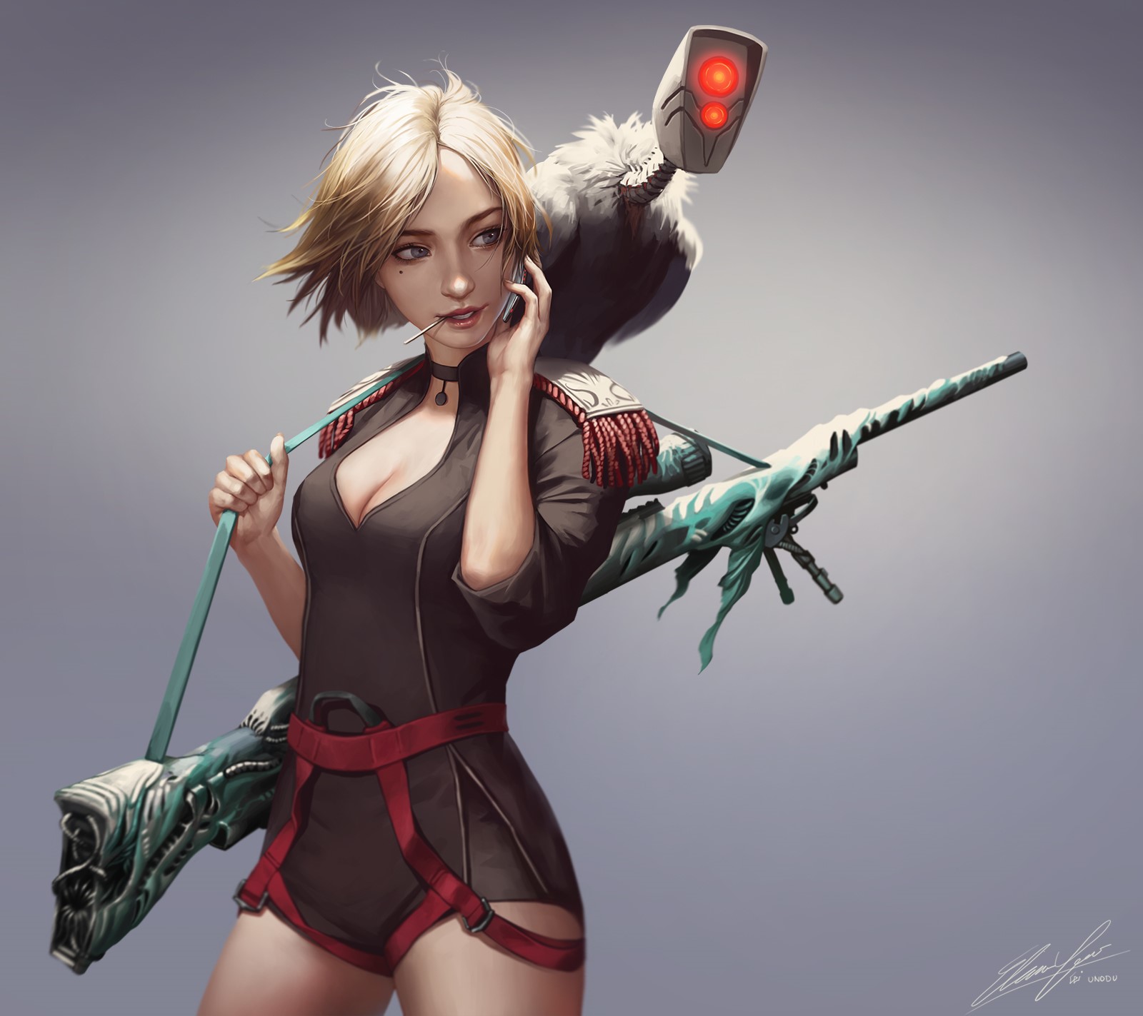 Woman with sniper rifle and cyborg bird HD Wallpaper