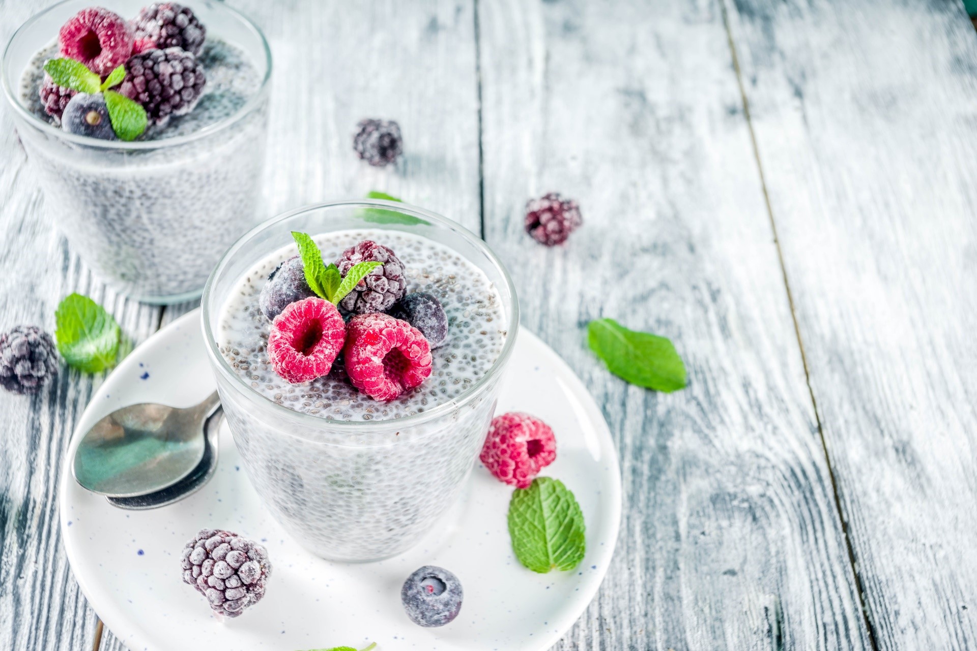 Chia seed pudding with berries and mint HD Wallpaper