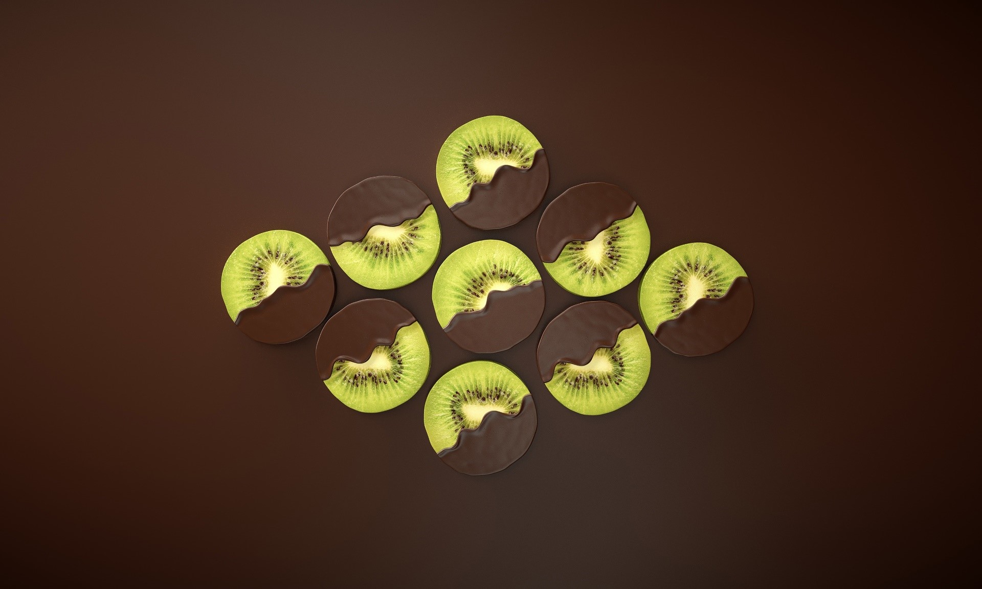 Chocolate-dipped kiwi slices arranged on a dark background HD Wallpaper