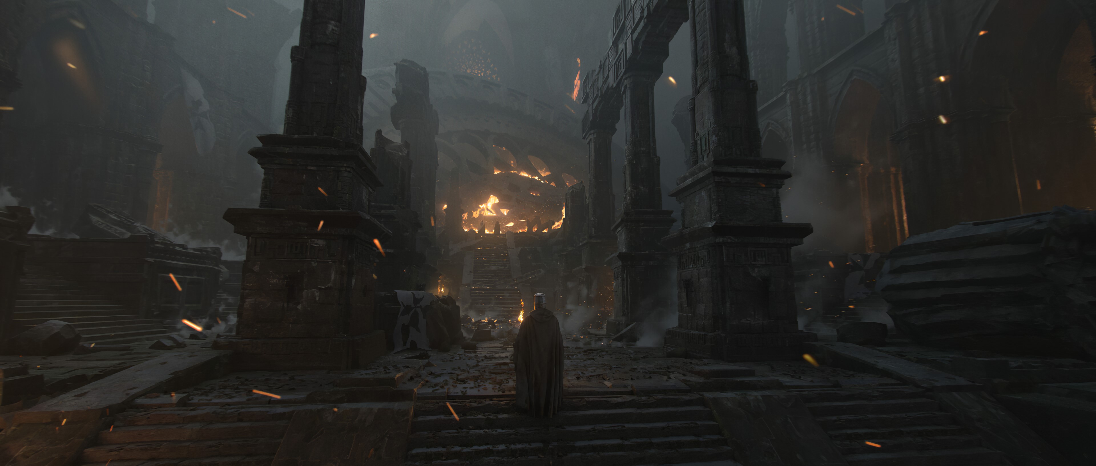 Ruins with knight and fire by Florent Lebrun HD Wallpaper