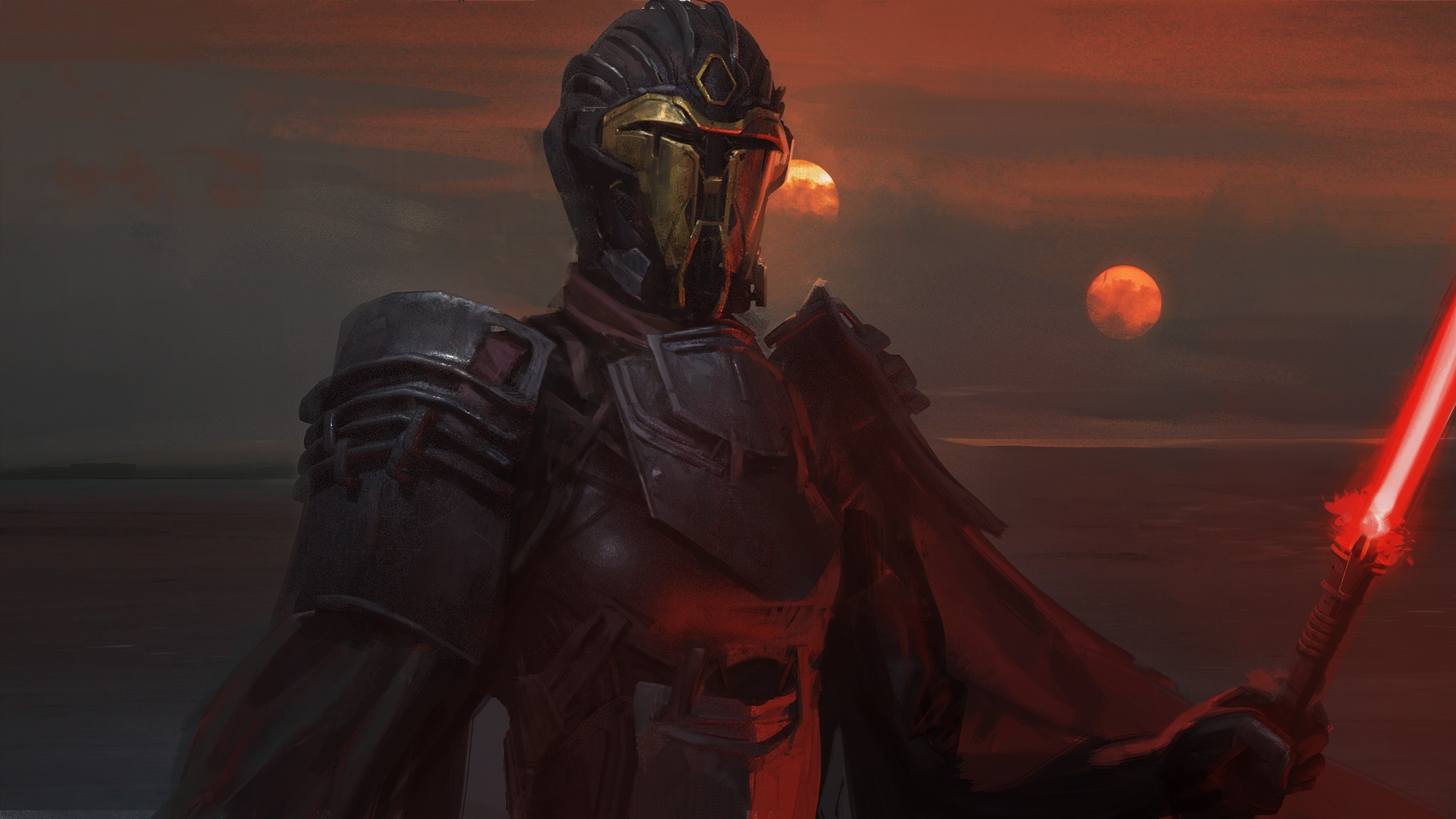 Sith Lord with Red Lightsaber and Twin Suns HD Wallpaper