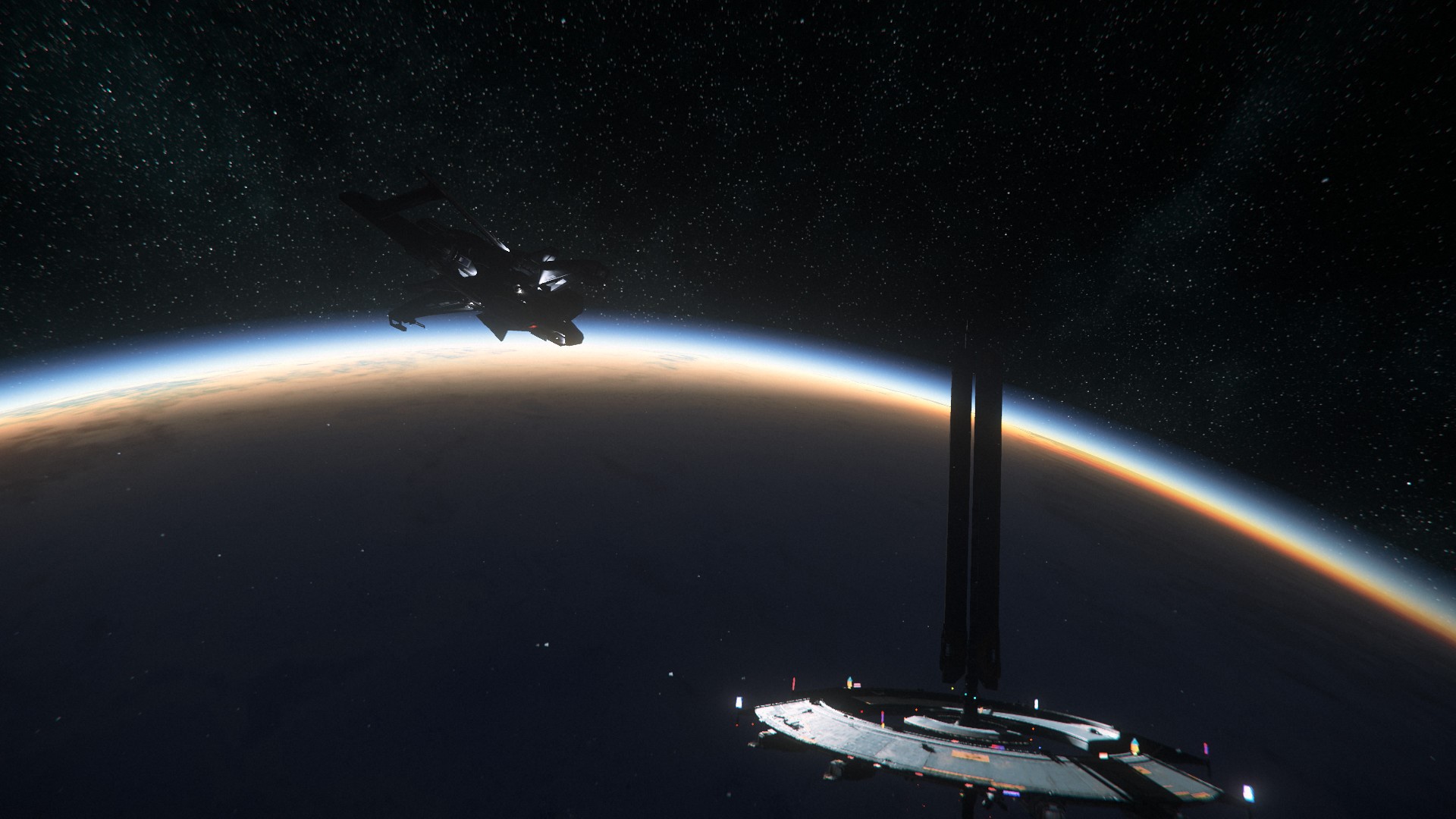 Star Citizen: Spaceship near Hurston orbital station at sunrise HD Wallpaper