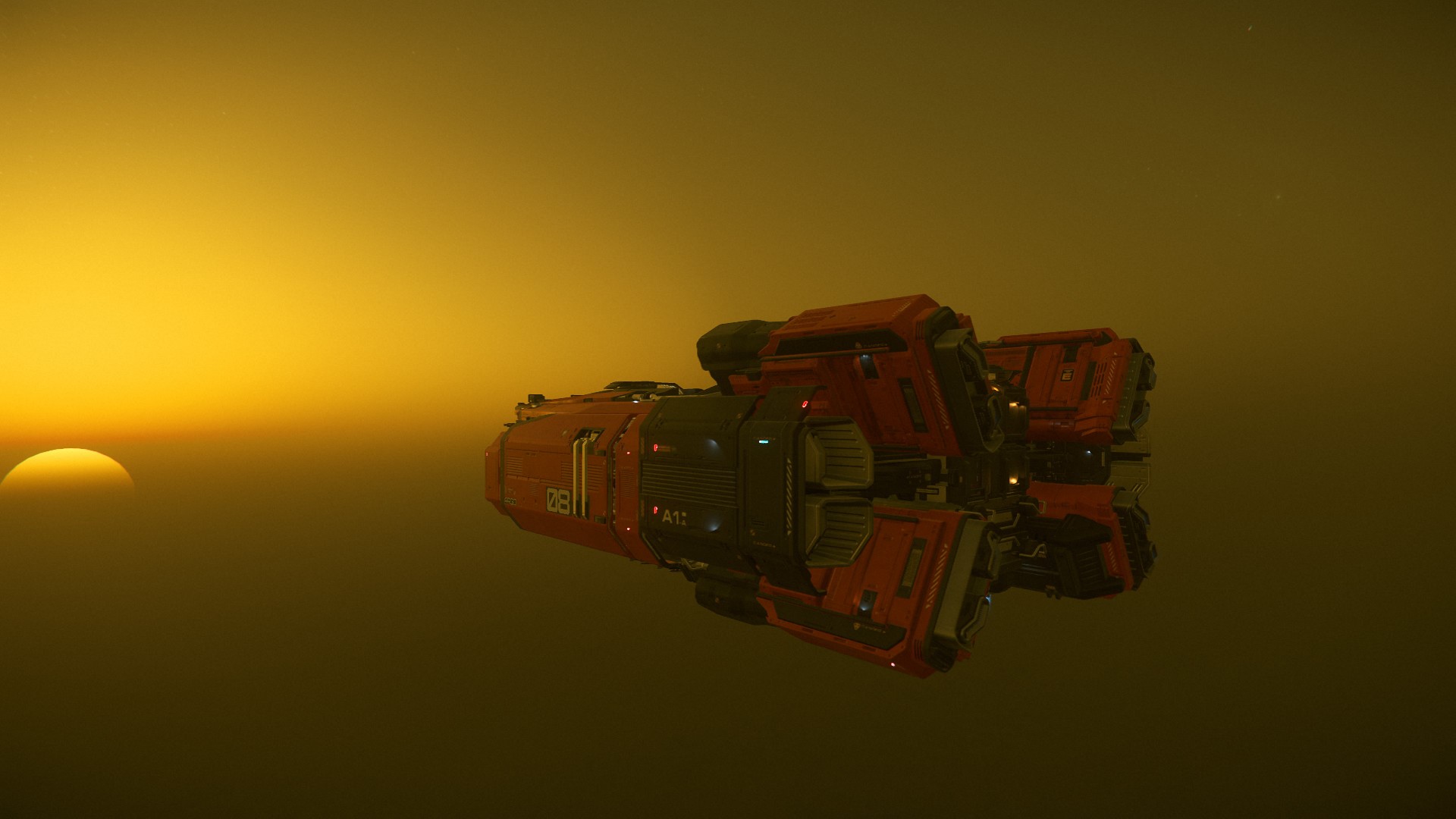Red spaceship in a yellow nebula with a distant sun HD Wallpaper