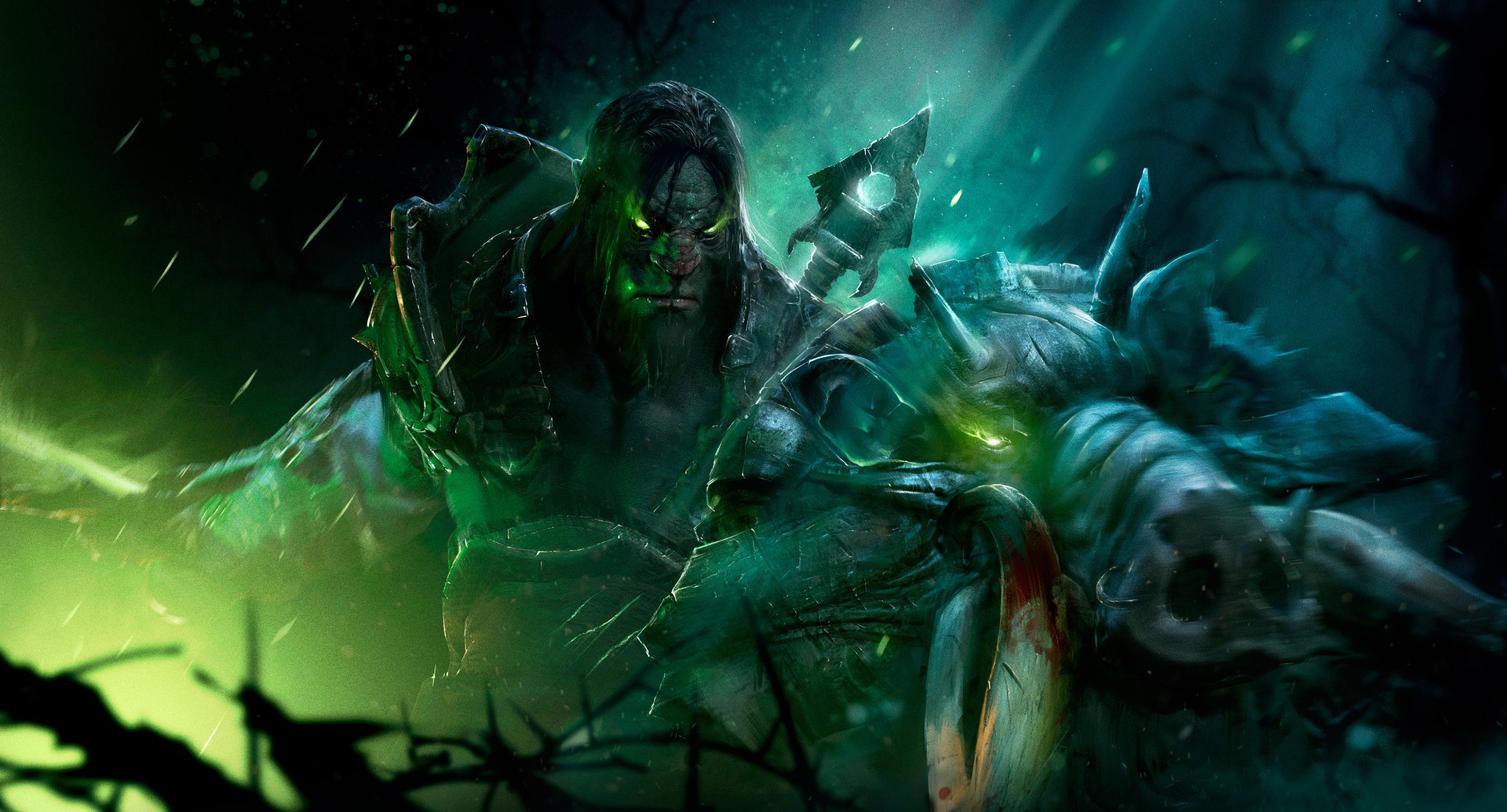 Orc warrior fighting a creature in a dark forest HD Wallpaper