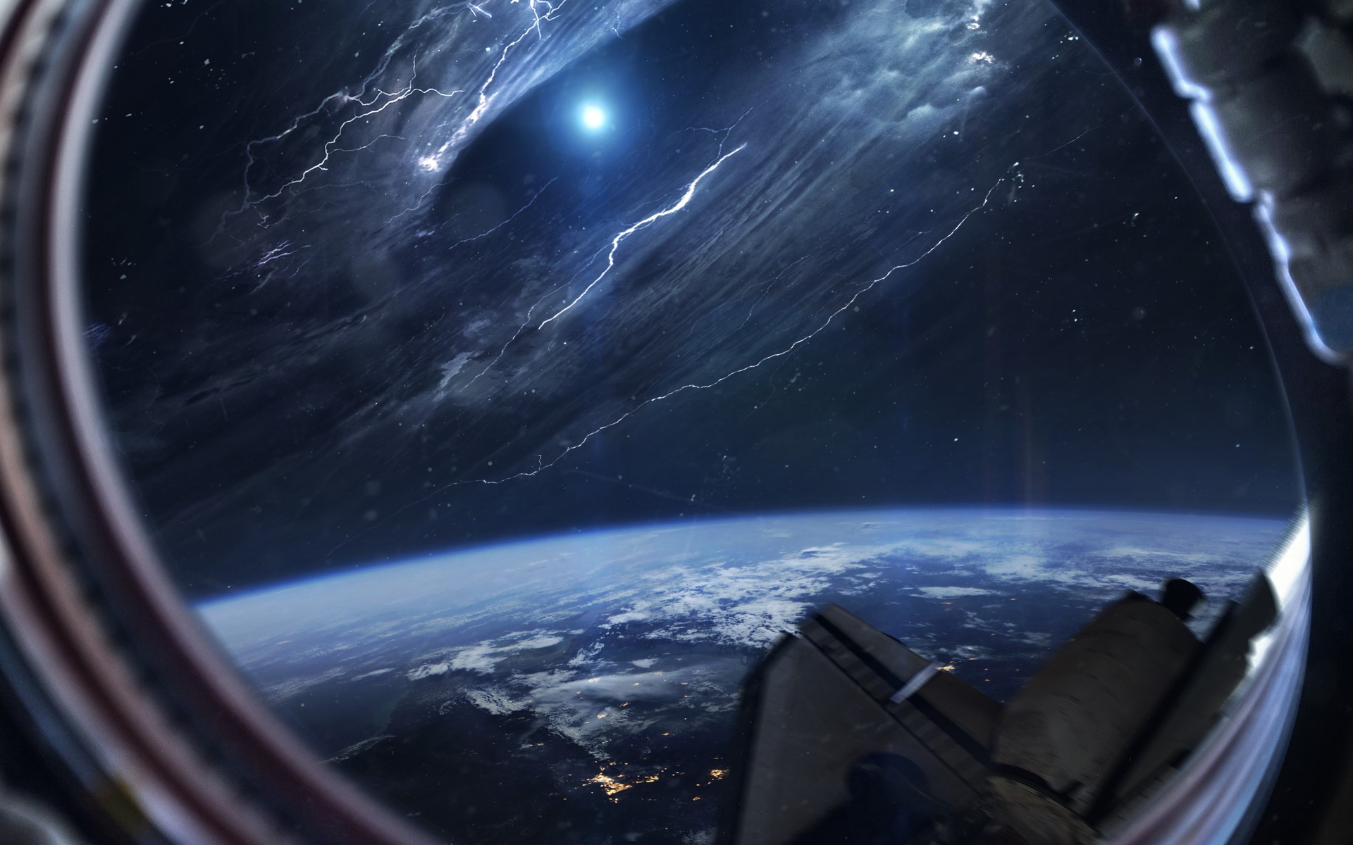 View from spaceship window of Earth and a cosmic anomaly HD Wallpaper