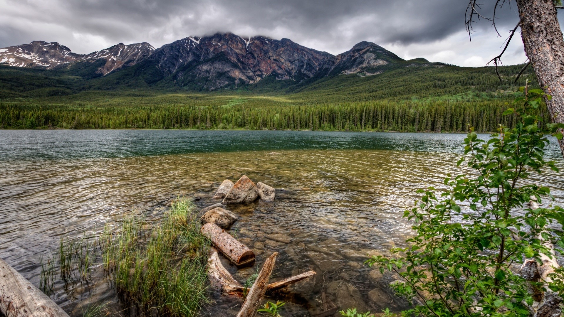 Lake and mountains with forest and clouds HD Wallpaper