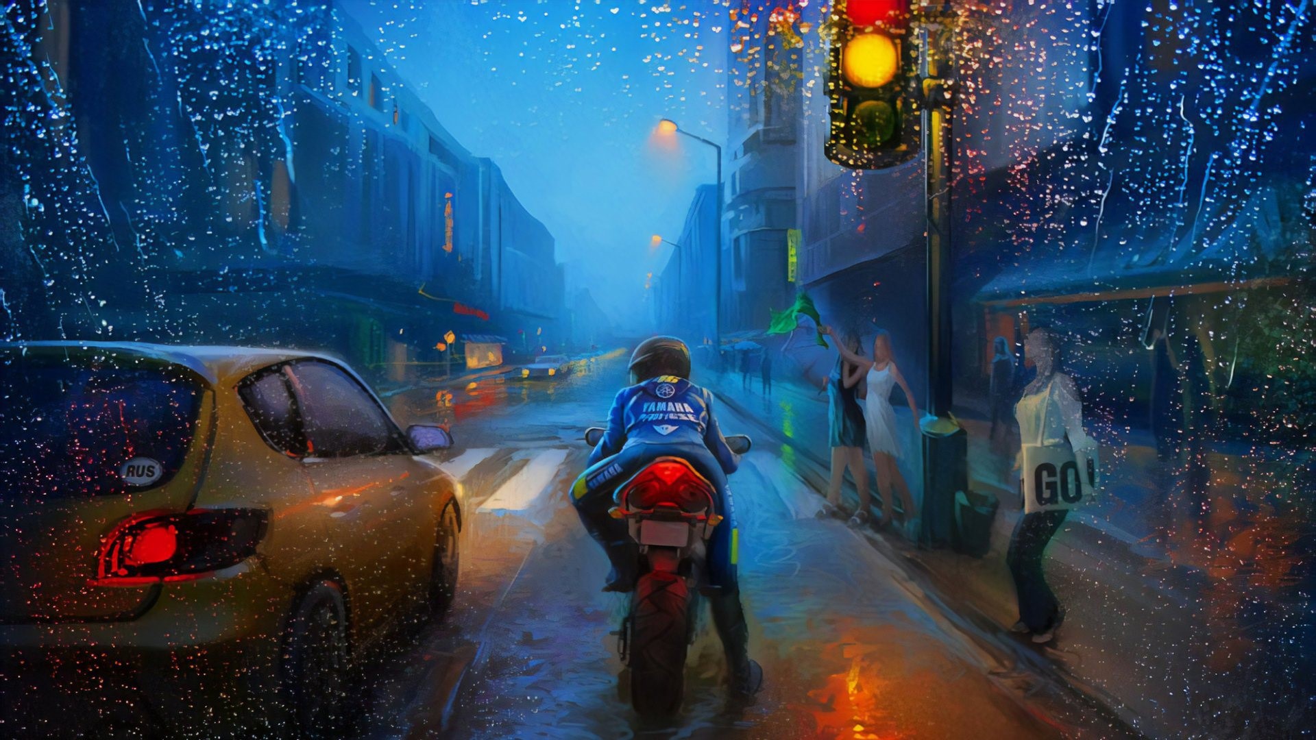 Motorcyclist in rain on city street with traffic HD Wallpaper