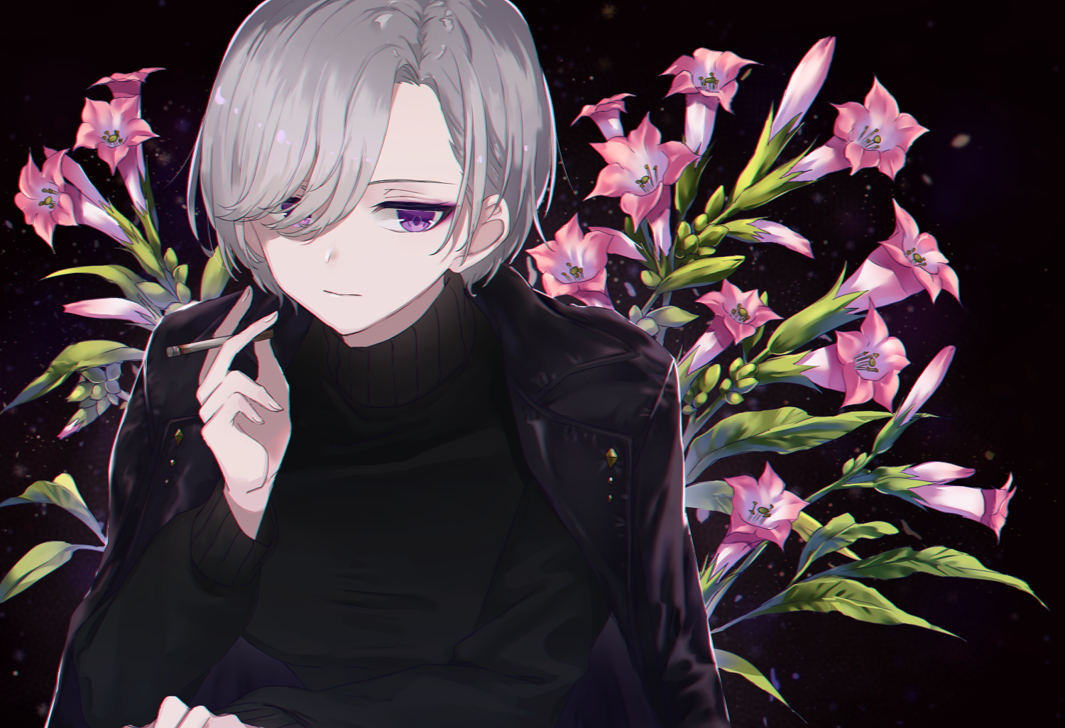 Anime character with gray hair, purple eyes, smoking, with pink flowers HD Wallpaper