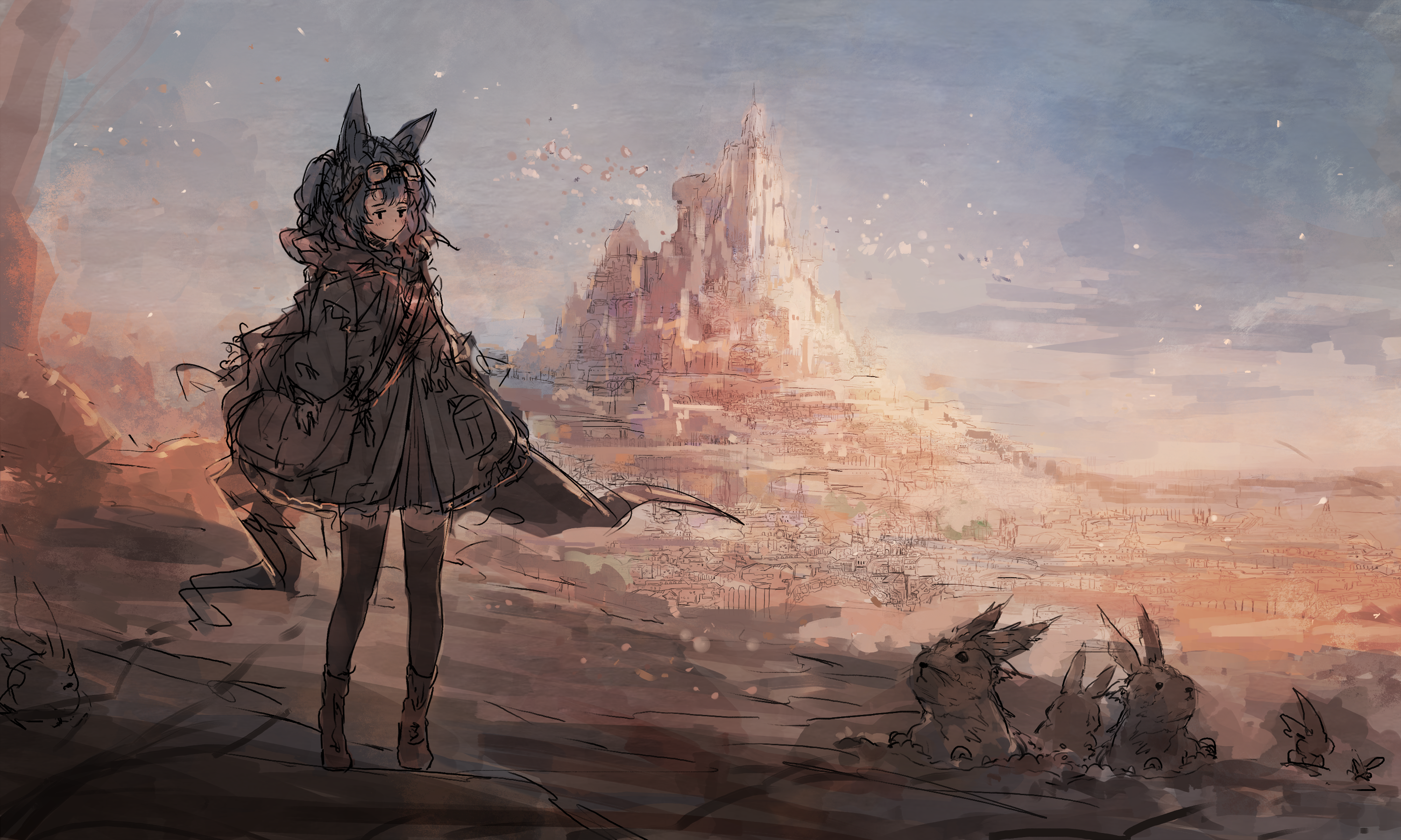Anime girl with cat ears and a city in the background HD Wallpaper