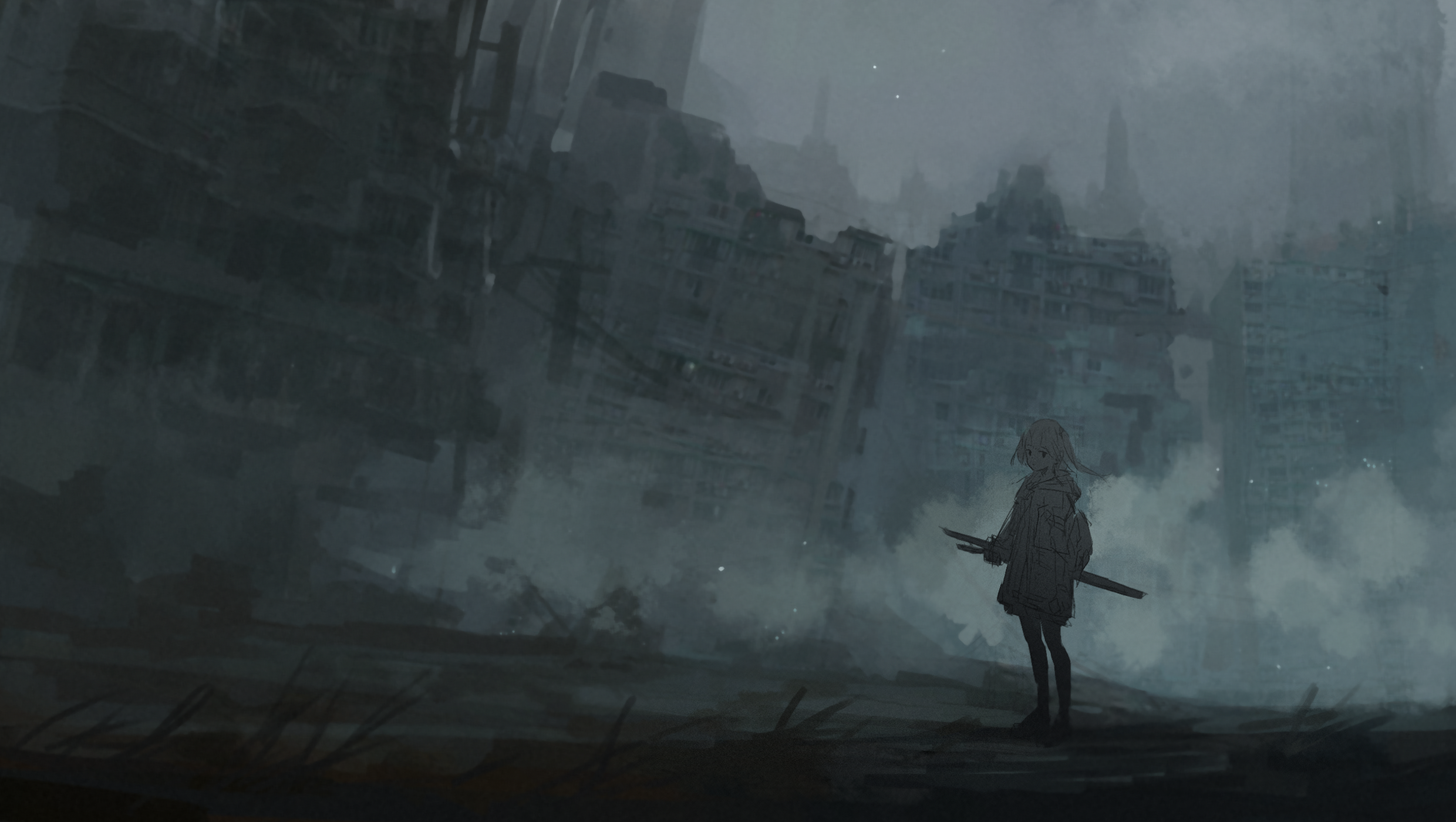 Anime girl with sword in ruined city HD Wallpaper