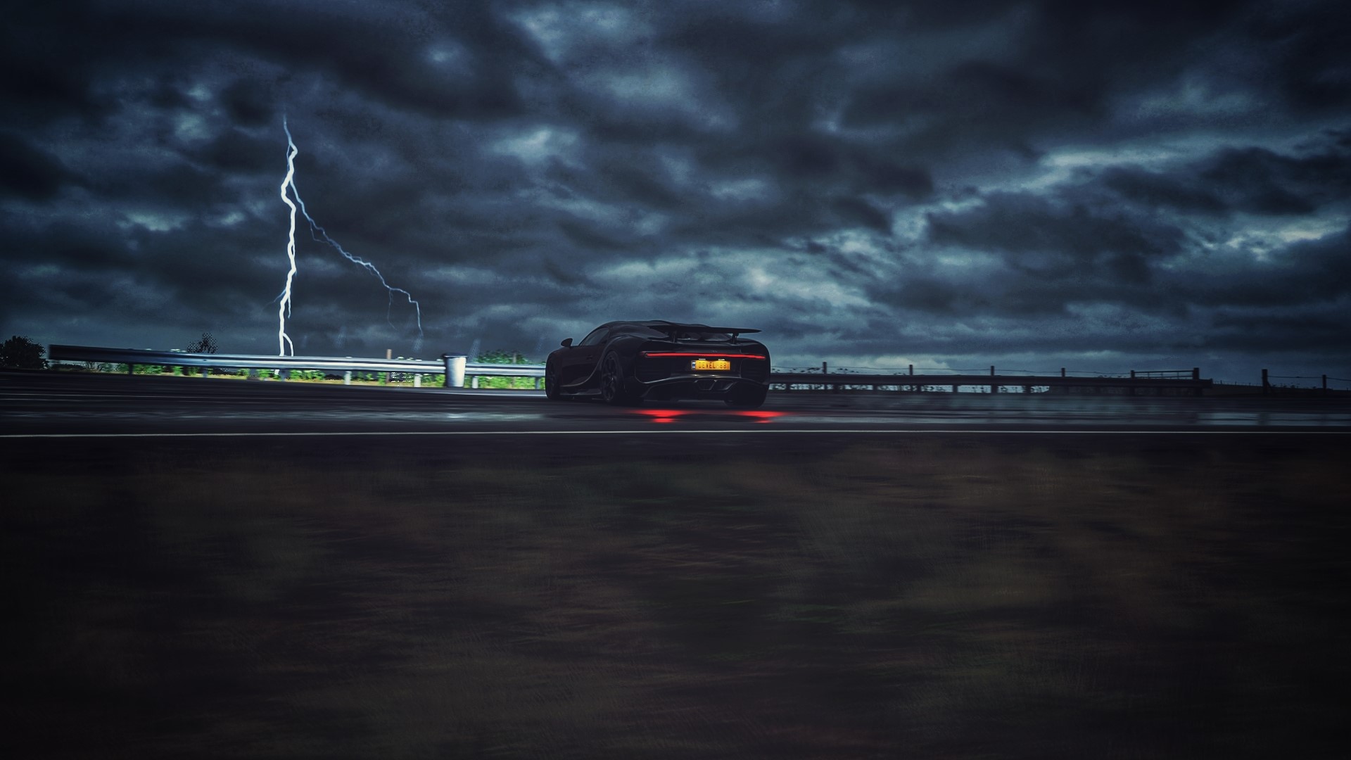 Bugatti Chiron on a stormy road in Forza Horizon 4 HD Wallpaper