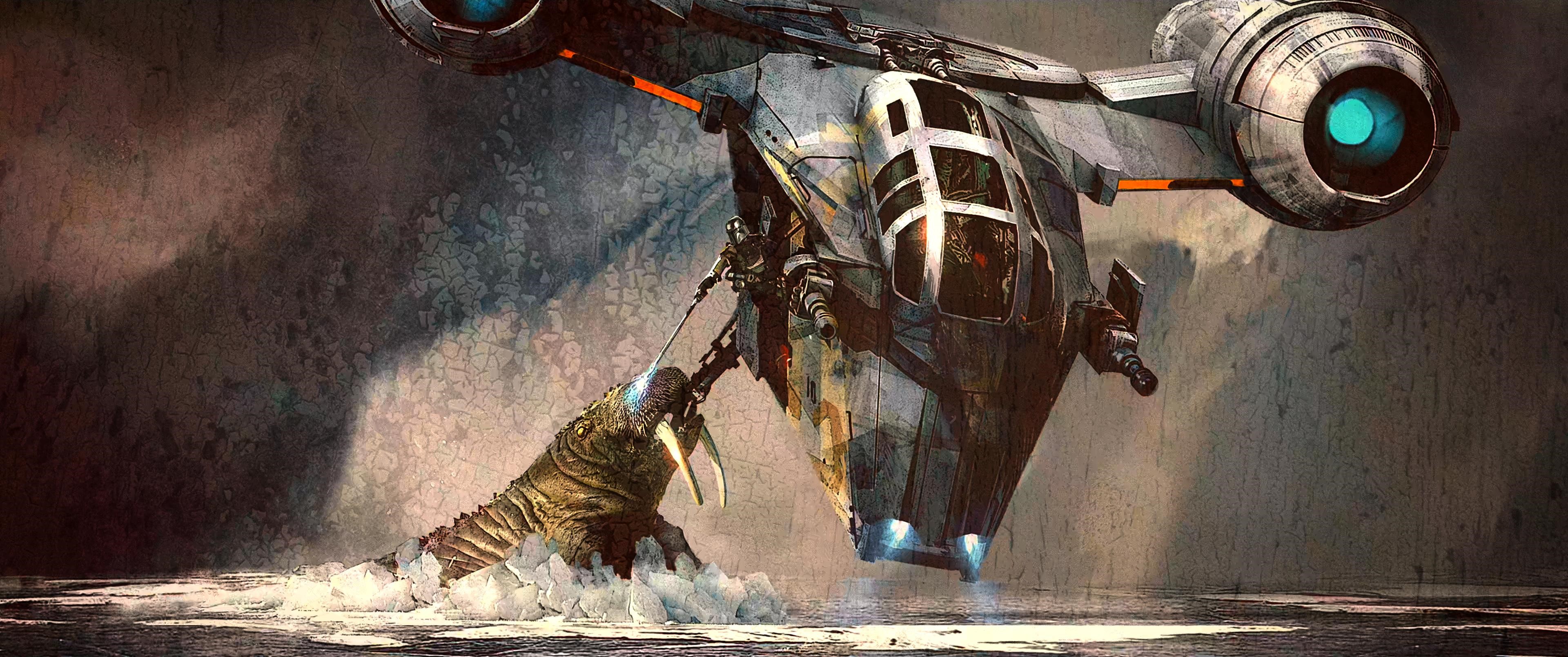 The Mandalorian and creature with spaceship HD Wallpaper