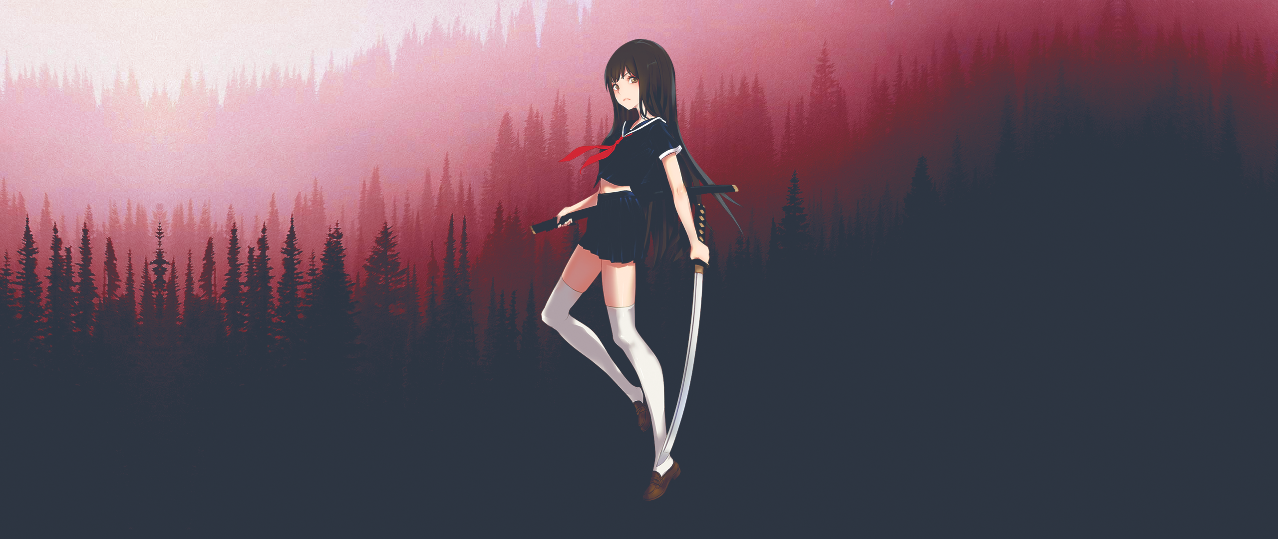 Anime girl with katana in a forest HD Wallpaper